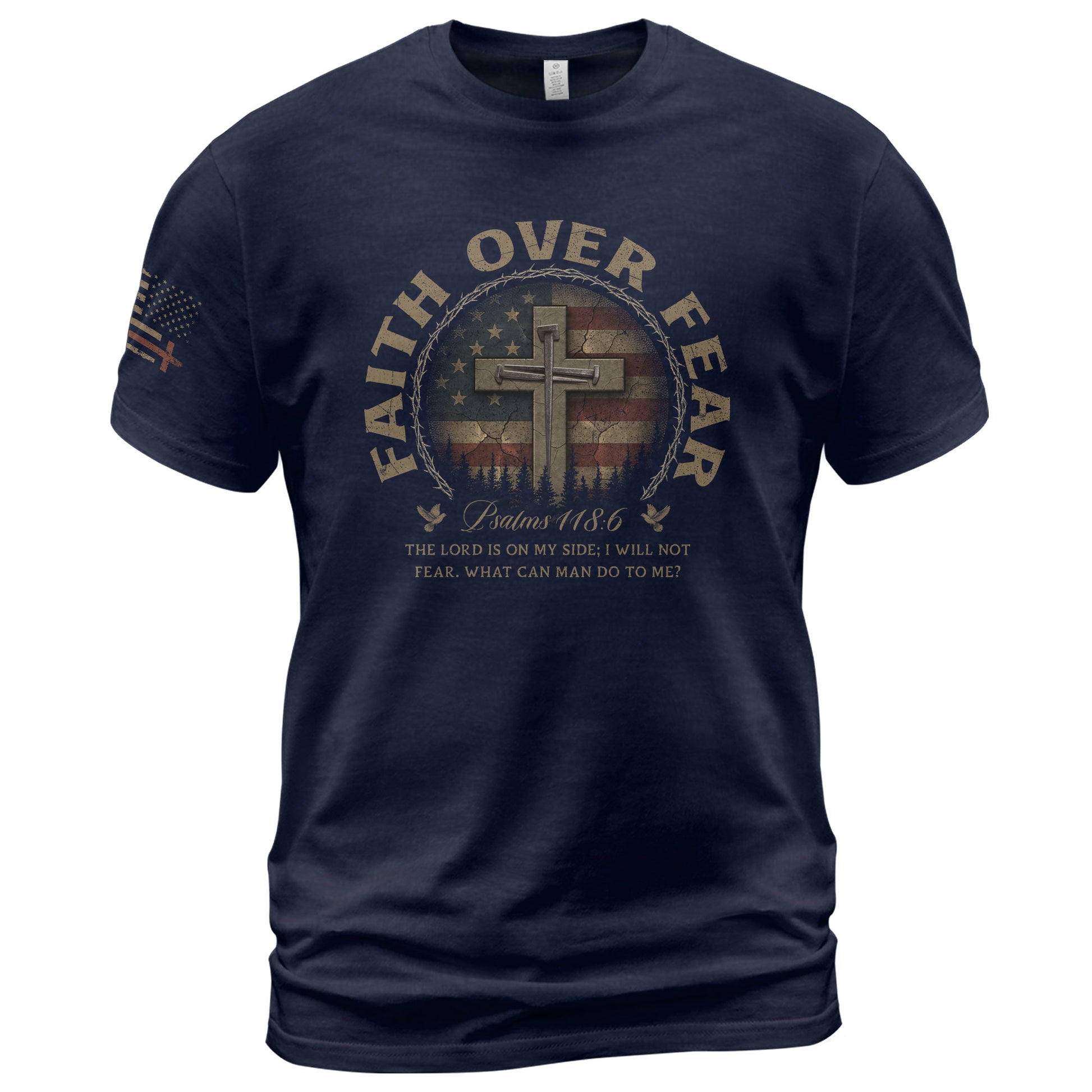 Faith Based Christian Tee Shirts, Faith Over Fear Cross American Flag Vintage Psalms 118:6 Christian - Christian Shirts for Men - Rust Field Wear