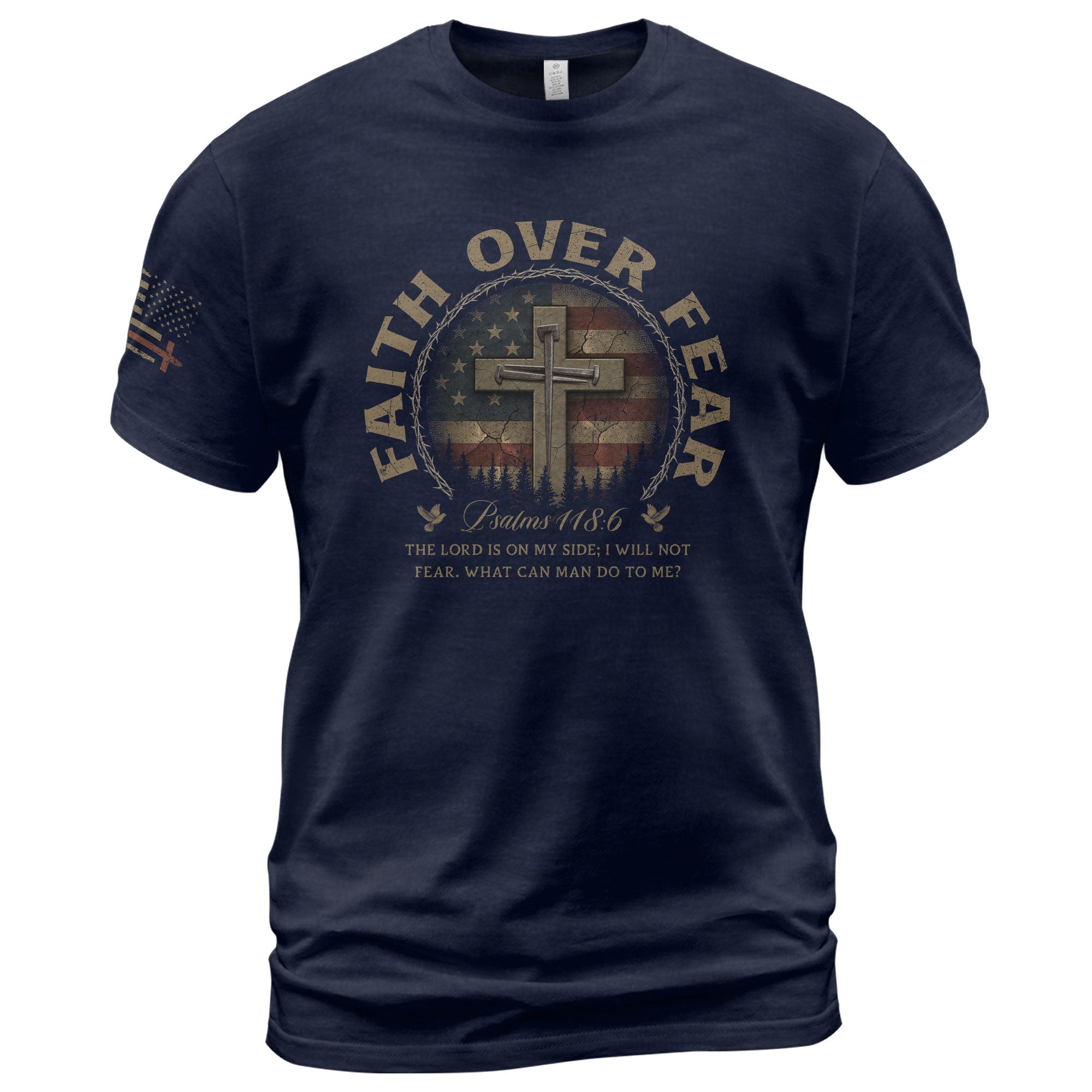 Faith Based Christian Tee Shirts, Faith Over Fear Cross American Flag Vintage Psalms 118:6 Christian - Christian Shirts for Men - Rust Field Wear
