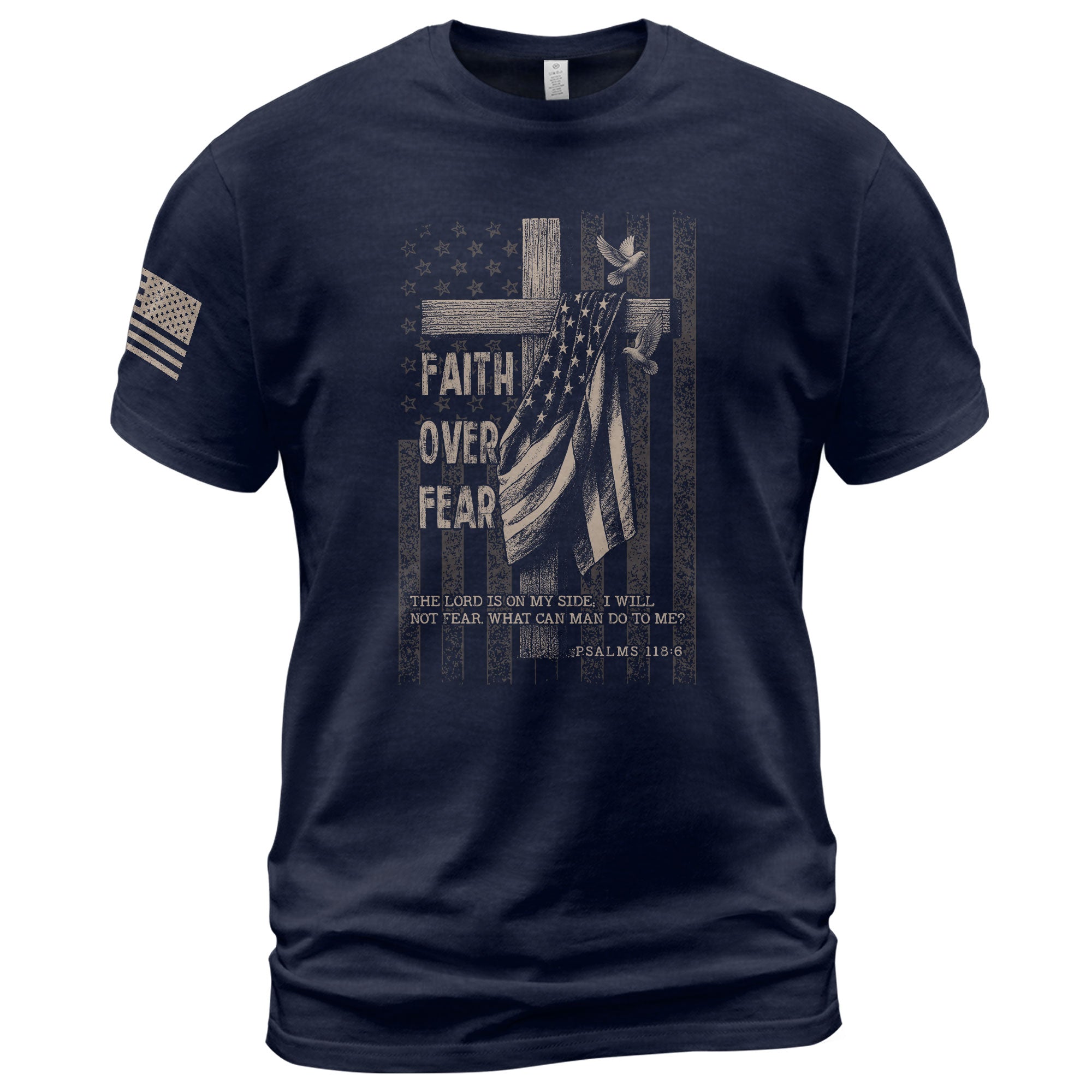 Faith Over Fear Cross With American Flag Psalms 118:6 Christian - Christian Shirts for Men, Faith Based Christian Tee Shirts - Rust Field Wear