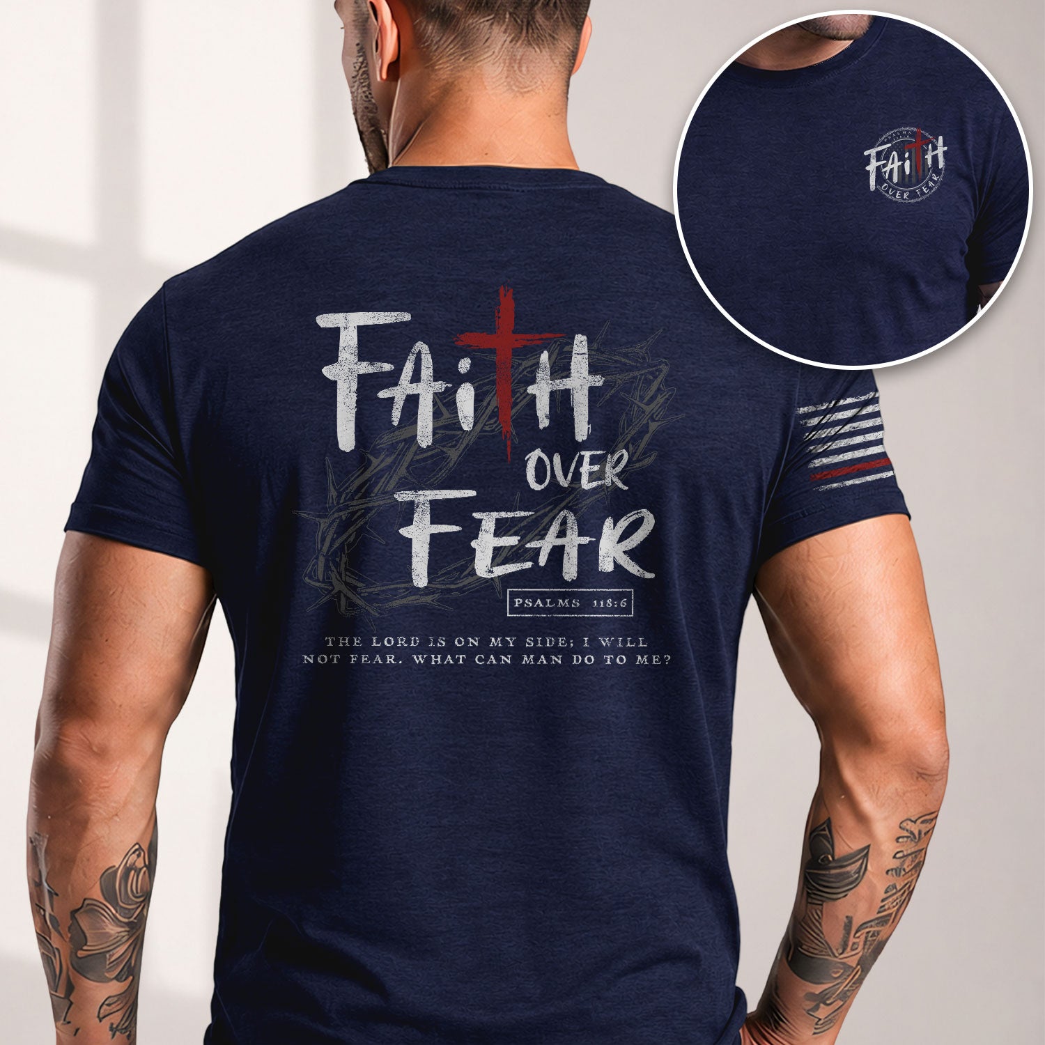 Christian Tee Shirts, Faith Over Fear Cross Crown of Thorns Psalms 118:6 Christian - Christian Shirts for Men - Rust Field Wear