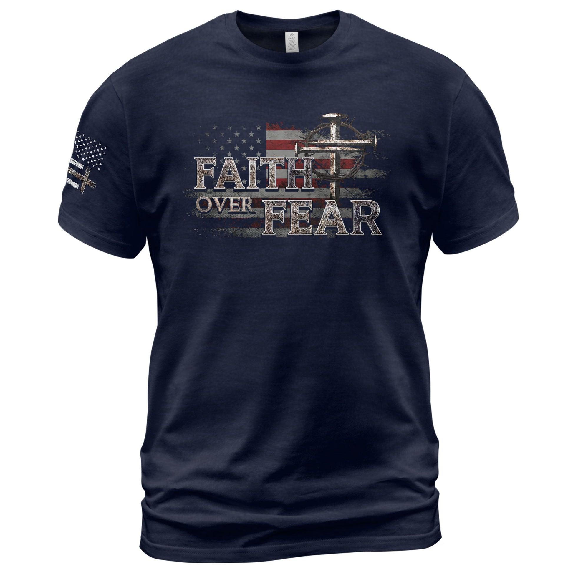 Christian Tee Shirts, Faith Over Fear Christian American Flag Cross Shield Design - Christian Shirts for Men - Rust Field Wear