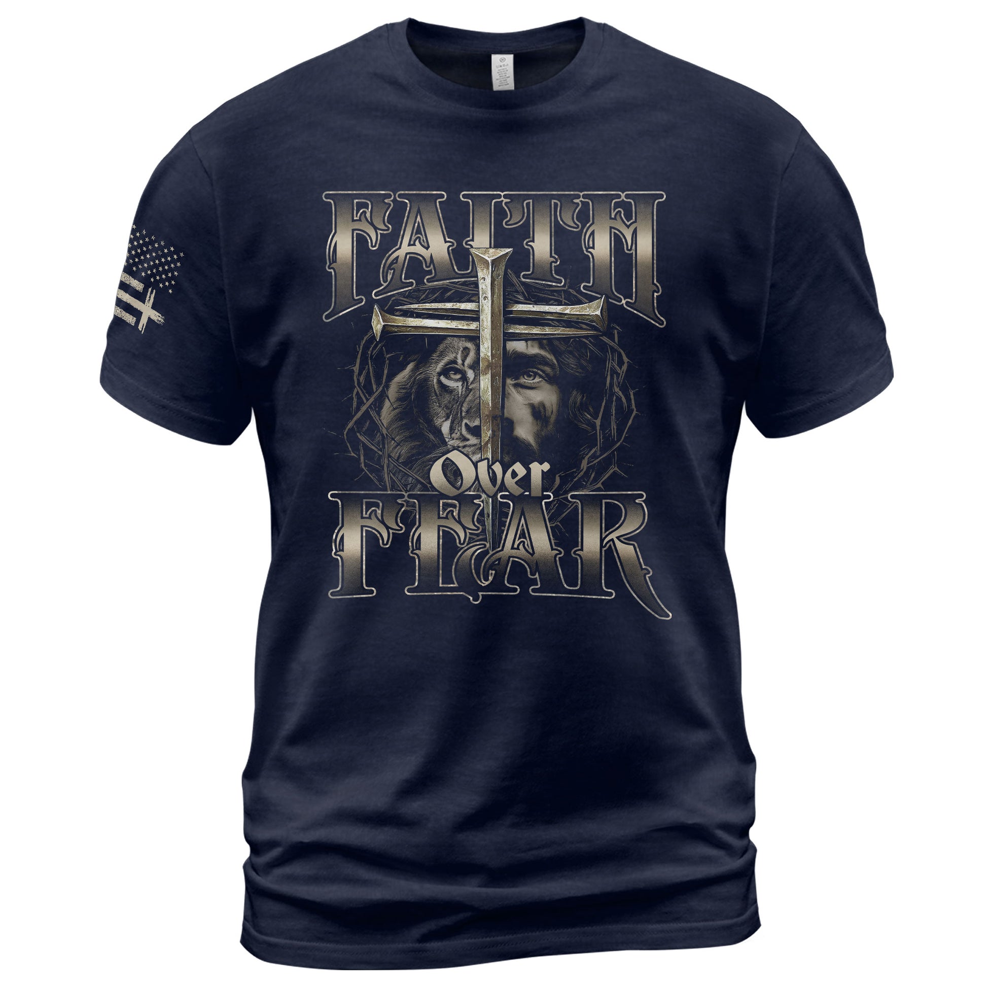 Christian Shirts for Men, Faith Over Fear Christian Lion Jesus Cross Crown Design - Christian Tee Shirts - Rust Field Wear