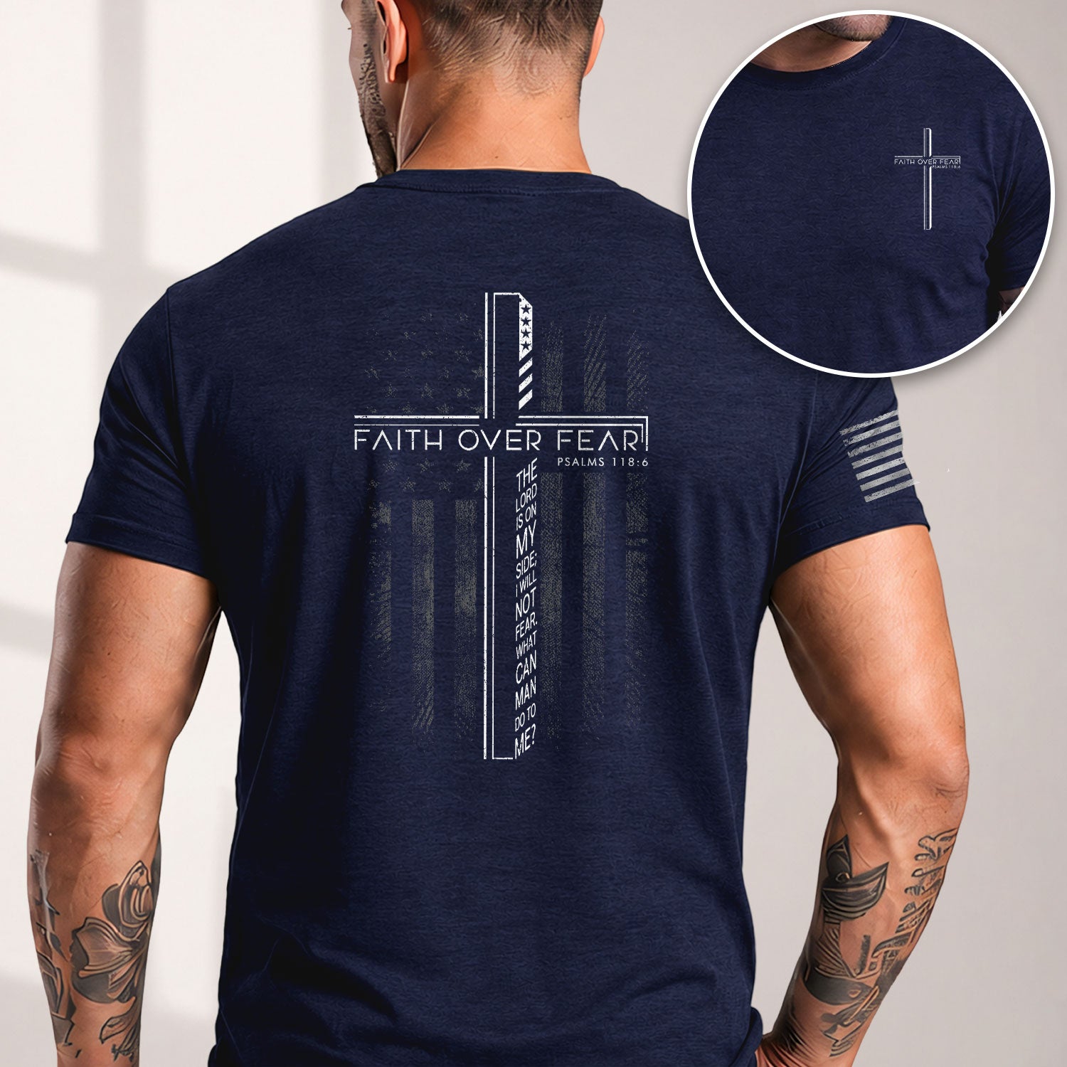 Faith Over Fear Cross American Flag Psalm 118:6 Christian - Christian Shirts for Men, Faith Based Christian Tee Shirts - Rust Field Wear