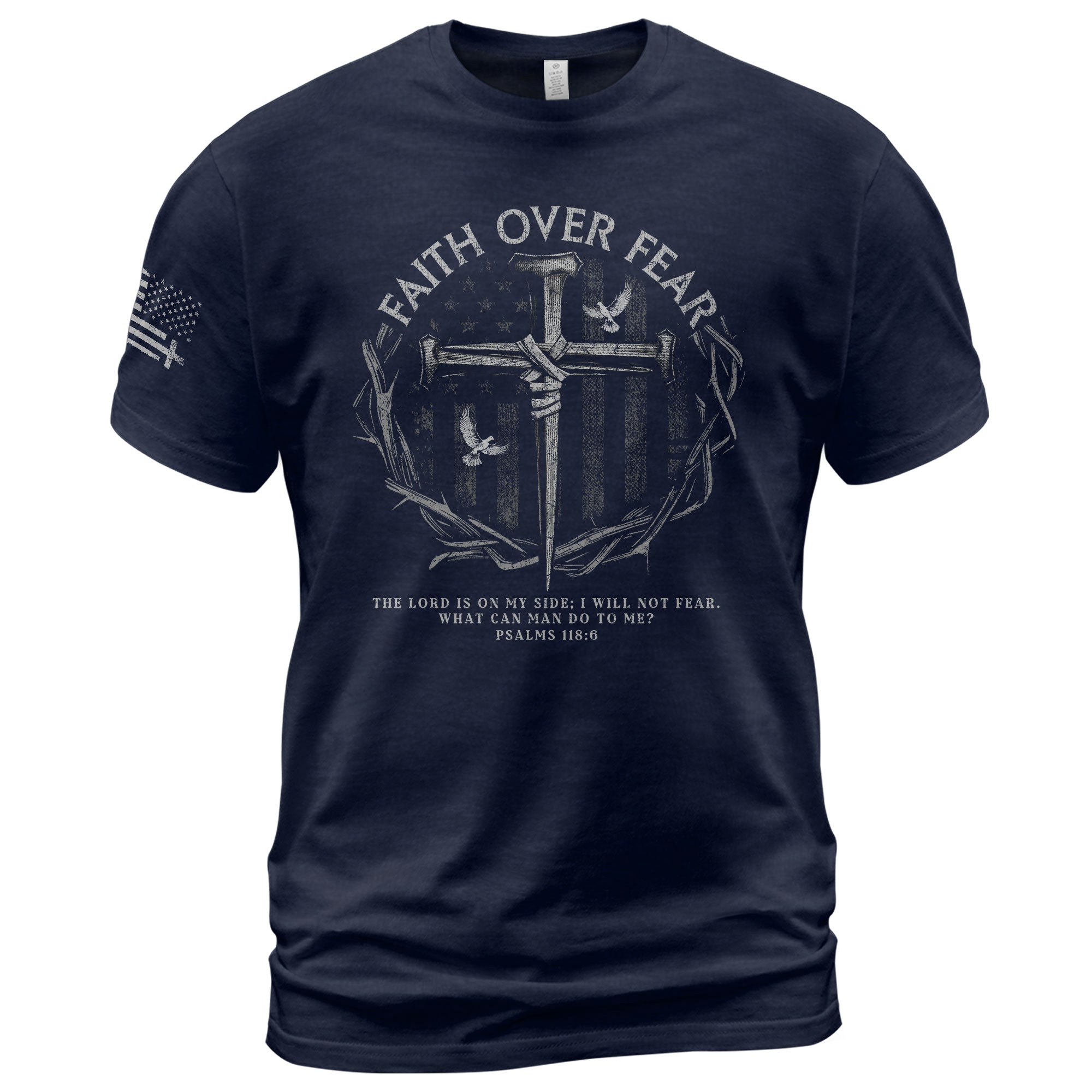 Christian Tee Shirts, Faith Over Fear American Flag Psalm 118:6 Christian - Christian Shirts for Men - Rust Field Wear