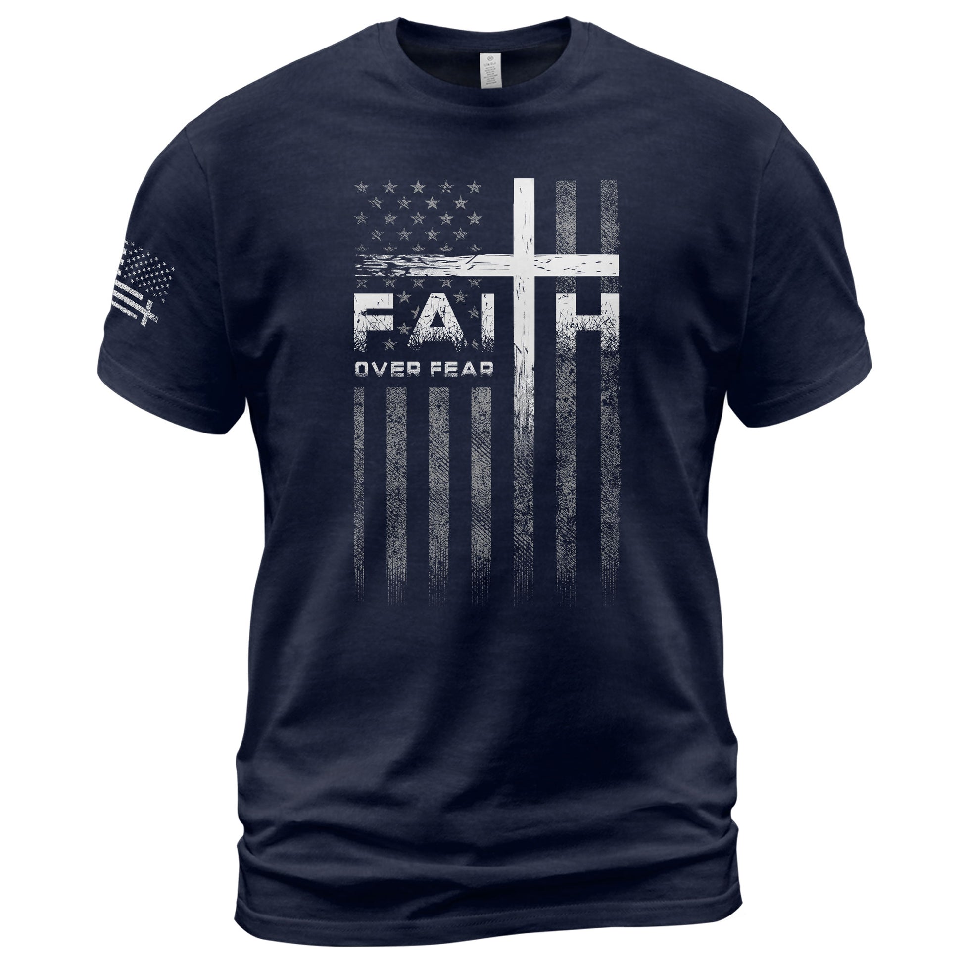 Christian Shirts for Men, Faith Over Fear Christian Cross American Flag Design - Christian Tee Shirts - Rust Field Wear