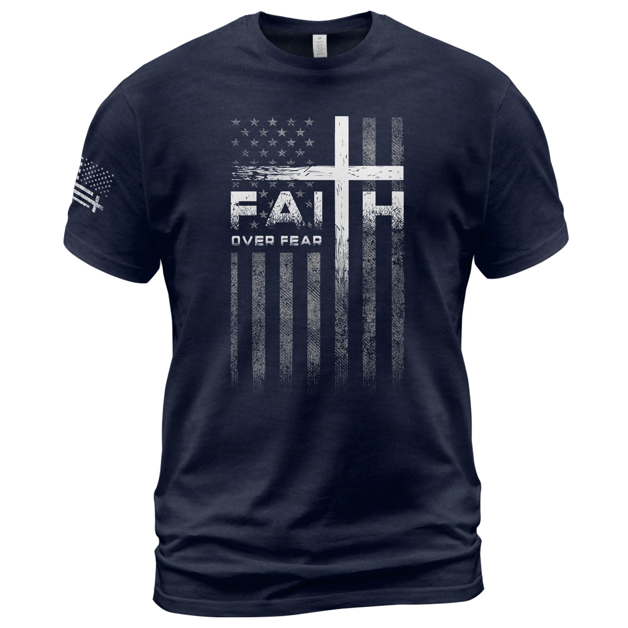Christian Shirts for Men, Faith Over Fear Christian Cross American Flag Design - Christian Tee Shirts - Rust Field Wear
