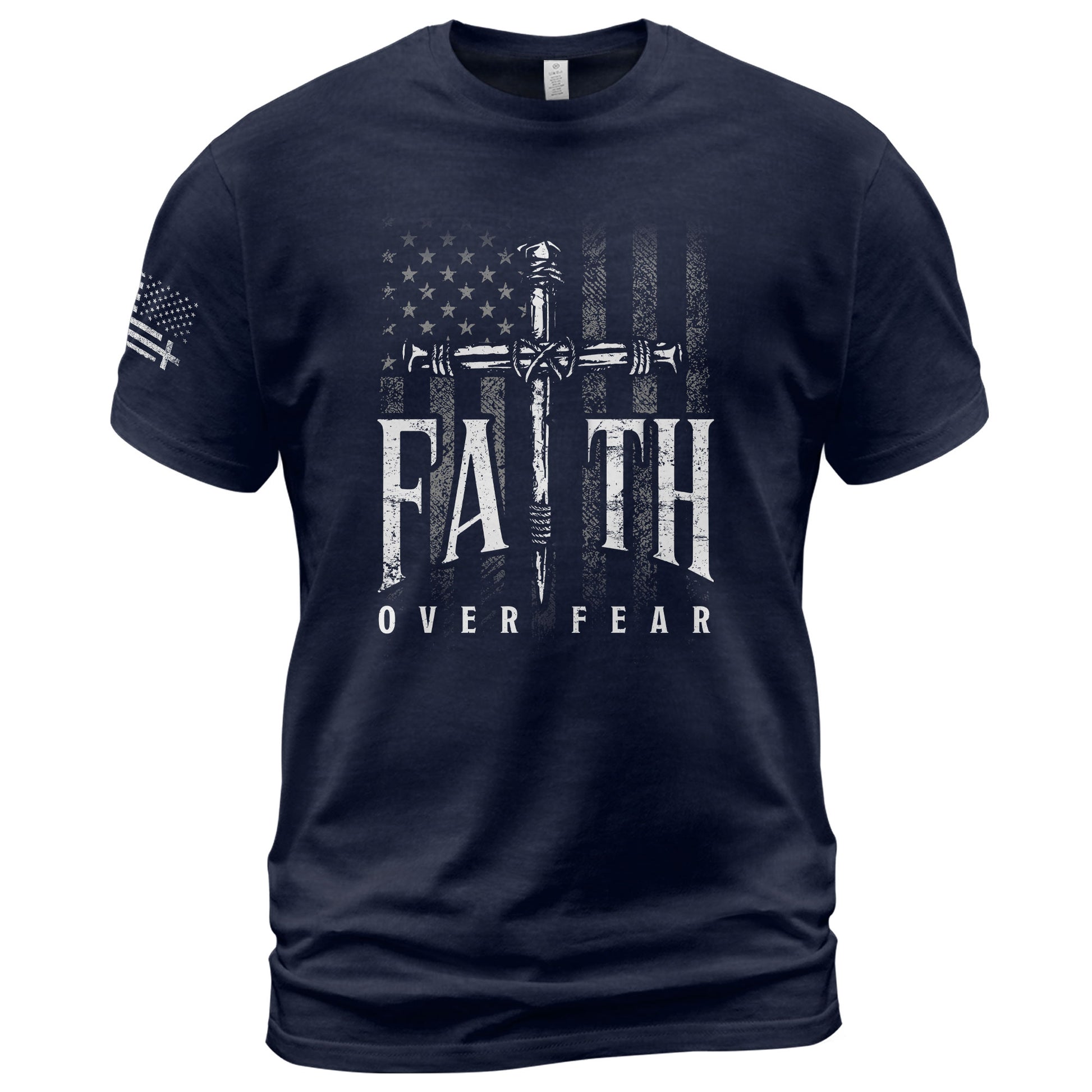 Christian Shirts for Men - Faith Over Fear Christian American Flag Cross Sword Design, Christian Tee Shirts - Rust Field Wear