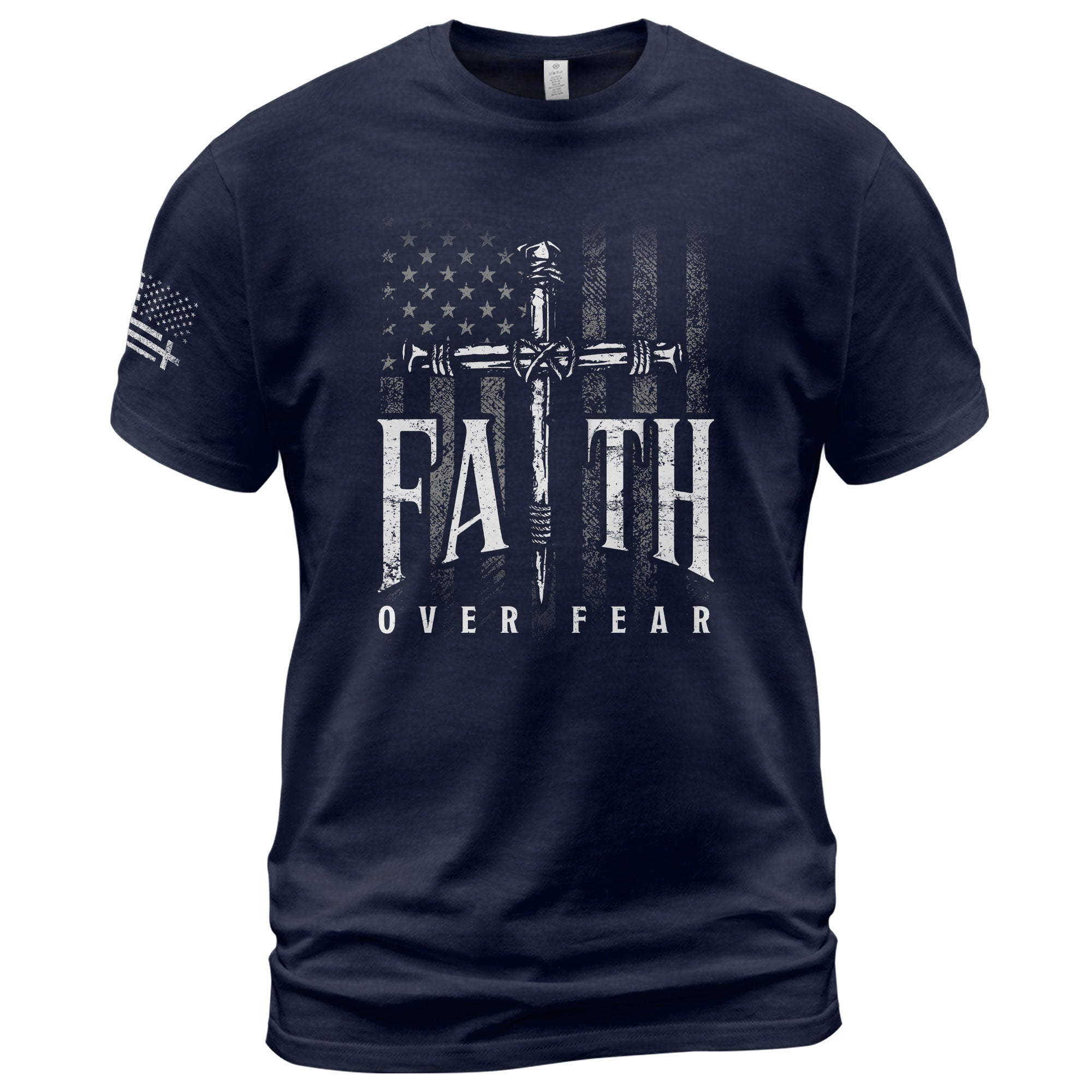 Christian Shirts for Men - Faith Over Fear Christian American Flag Cross Sword Design, Christian Tee Shirts - Rust Field Wear
