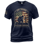 Faith and Freedom 250 Years 250th Anniversary Patriotic T-Shirt - Kneeling Soldier Prayer & American Flag Graphic Tee - Rust Field Wear