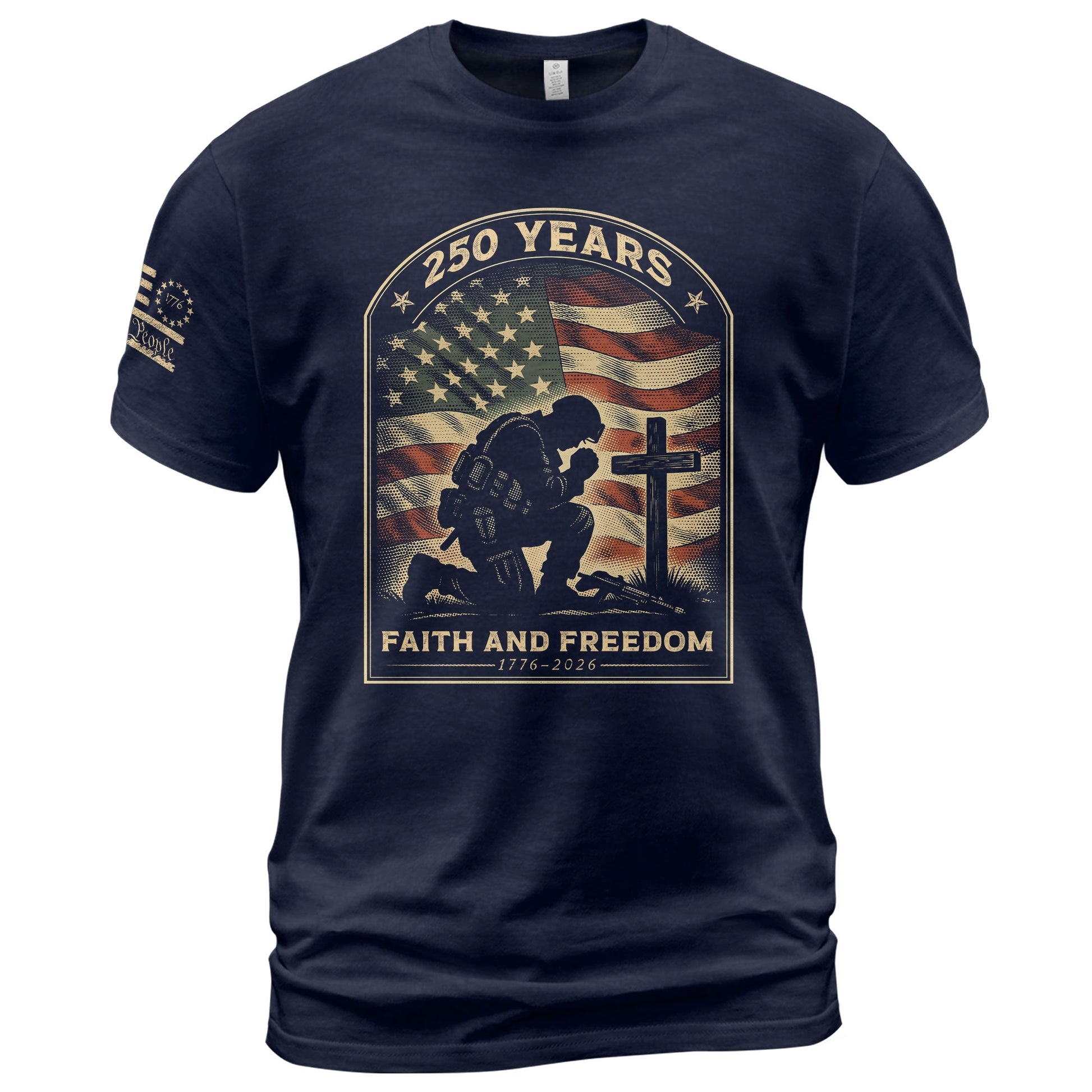 Faith and Freedom 250 Years 250th Anniversary Patriotic T-Shirt - Kneeling Soldier Prayer & American Flag Graphic Tee - Rust Field Wear