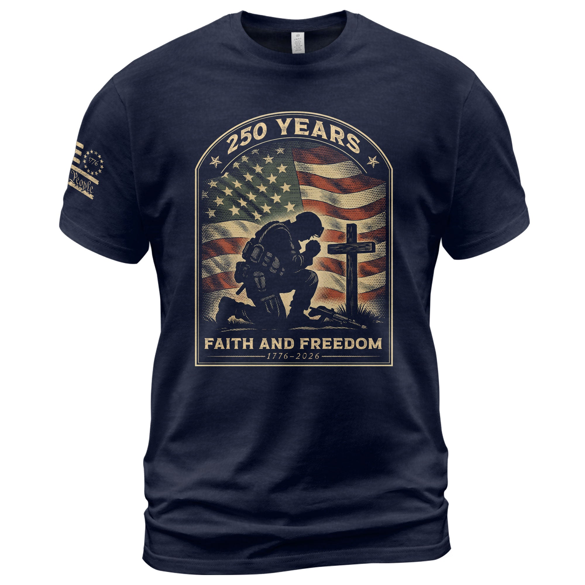 Faith and Freedom 250 Years 250th Anniversary Patriotic T-Shirt - Kneeling Soldier Prayer & American Flag Graphic Tee - Rust Field Wear
