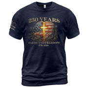 Faith and Freedom 250 Years T-Shirt - Glowing Cross & American Flag Rock Graphic Tee - Rust Field Wear