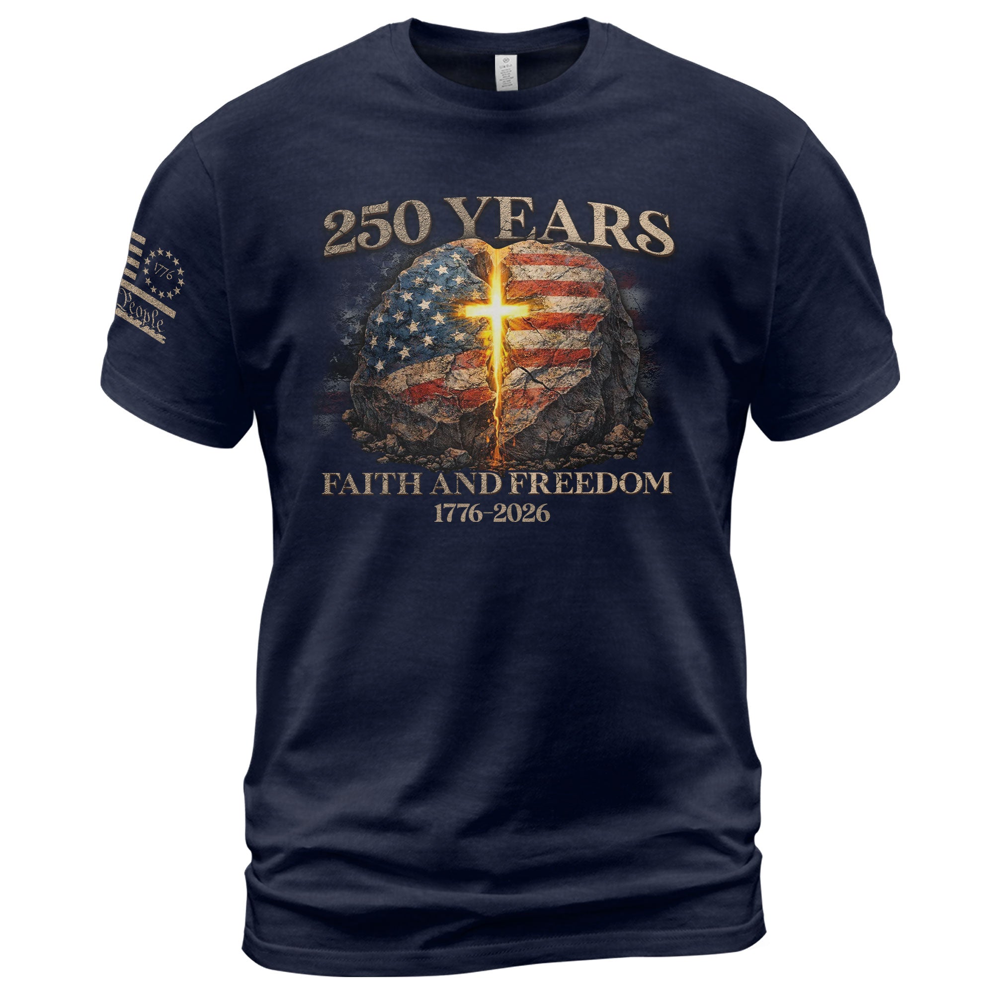 Faith and Freedom 250 Years T-Shirt - Glowing Cross & American Flag Rock Graphic Tee - Rust Field Wear