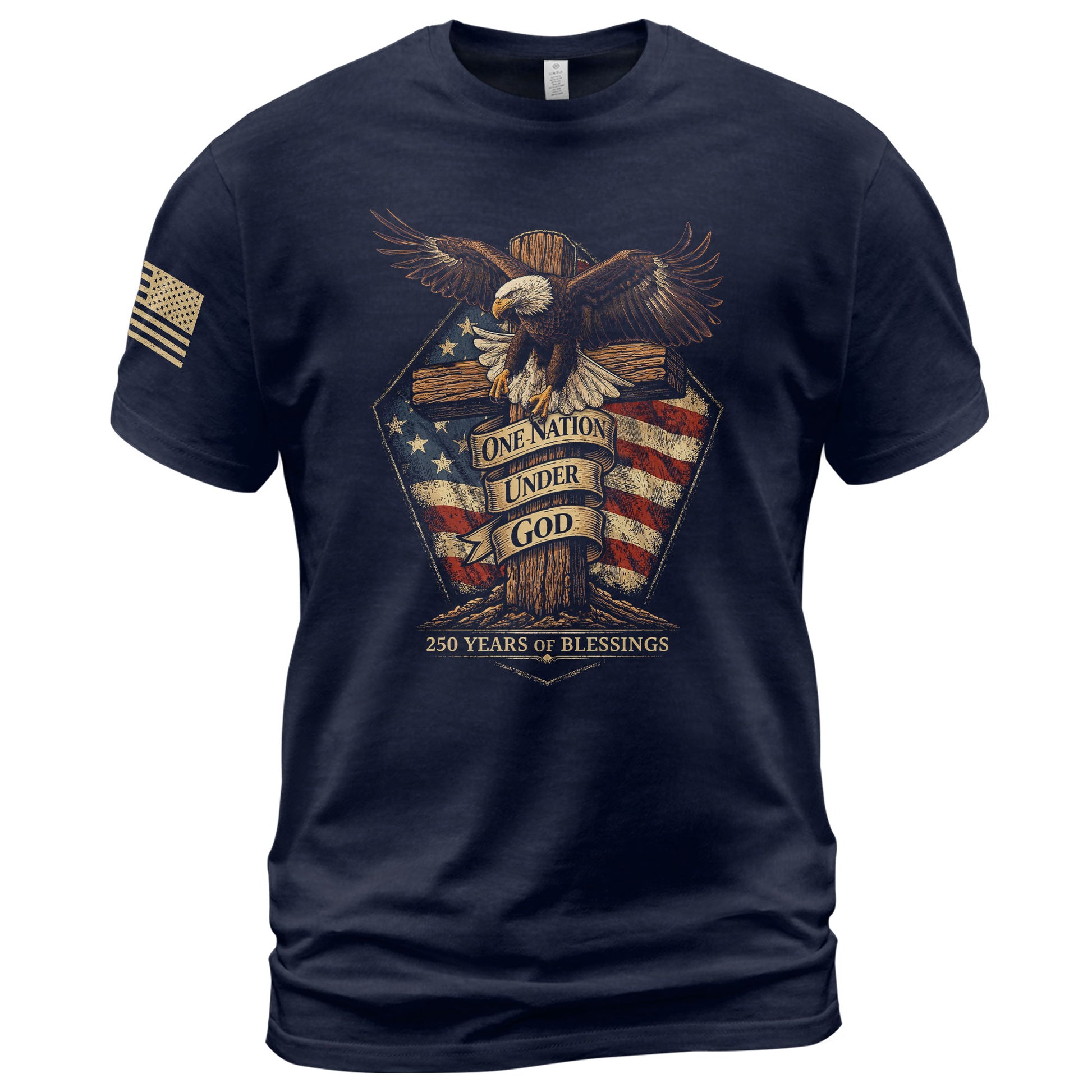 American Faith 250 Years of Blessings T-Shirt - One Nation Under God Eagle & Cross Design - Rust Field Wear