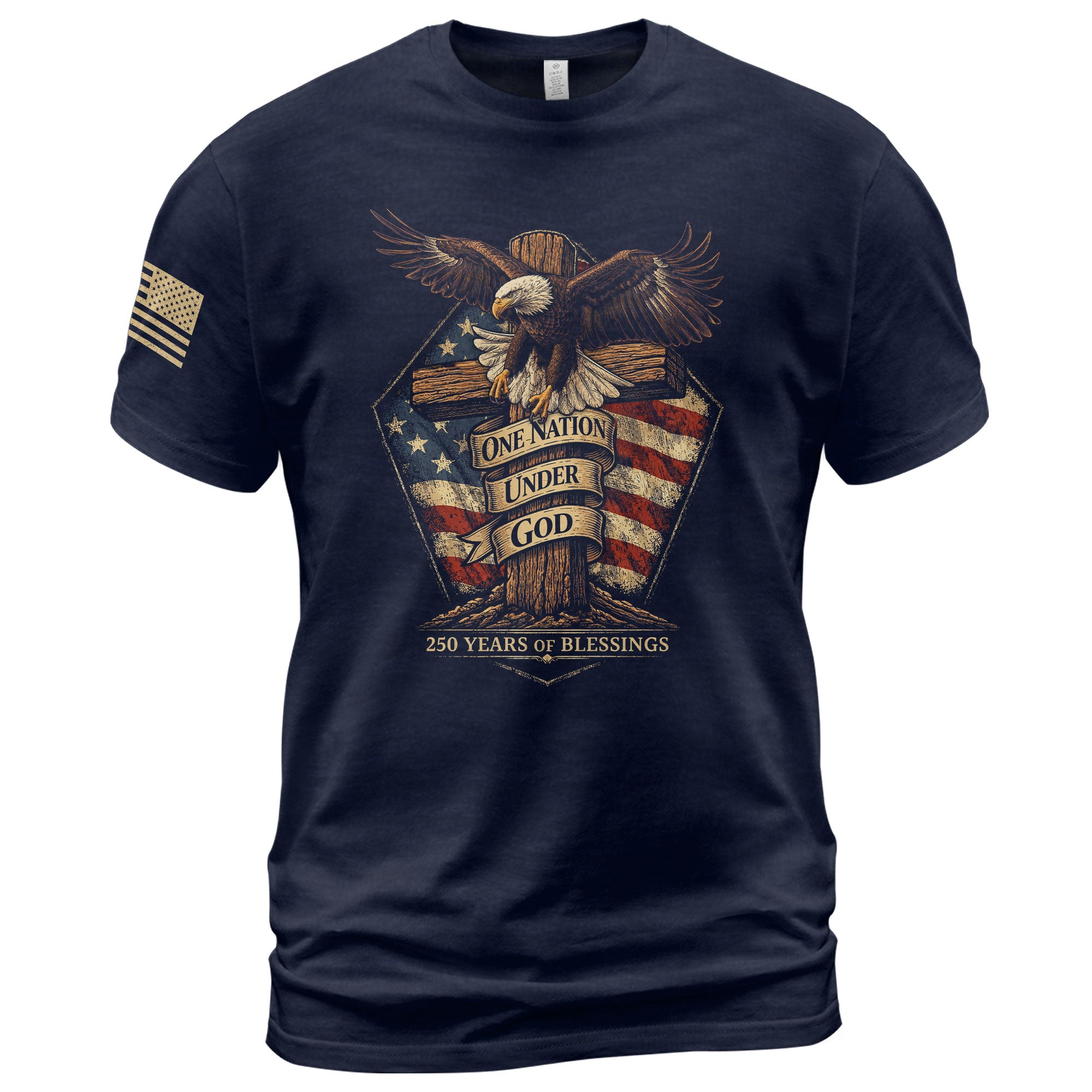 American Faith 250 Years of Blessings T-Shirt - One Nation Under God Eagle & Cross Design - Rust Field Wear