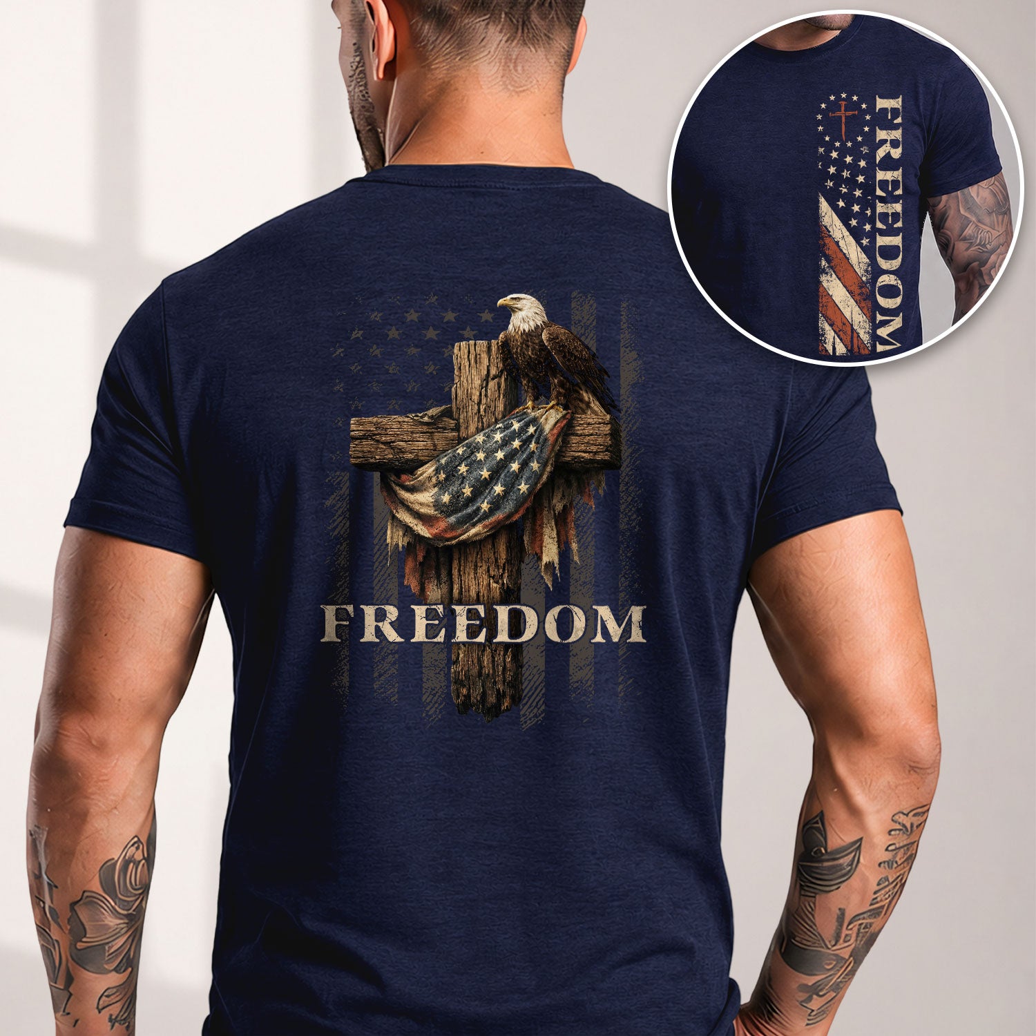 Freedom Shirts for Men, Vintage Freedom Eagle Cross Retro US Flag and Patriotic Wooden Cross - Patriotic T Shirts - Rust Field Wear