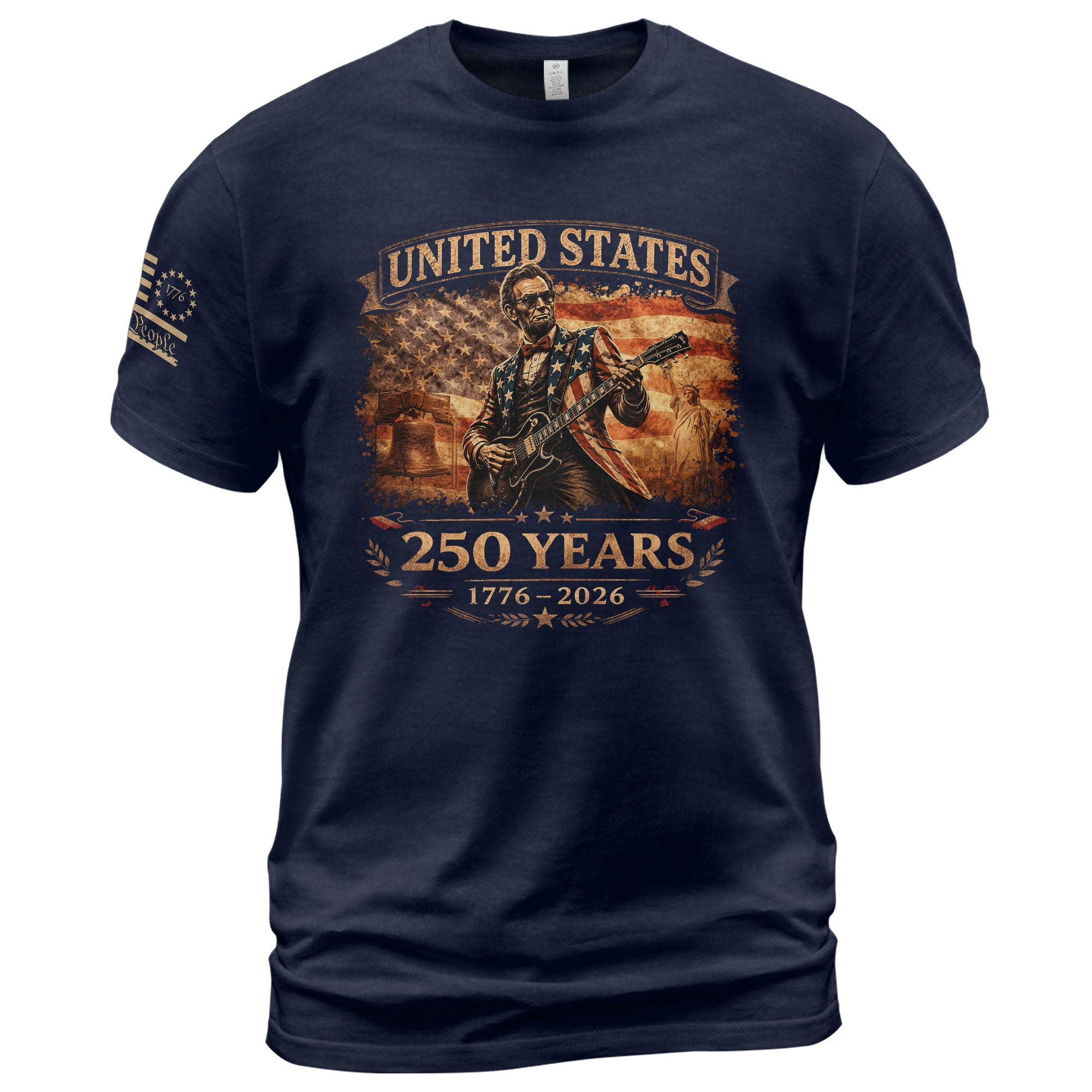 Flag Jacket Lincoln Guitar Shirt Sunglasses Liberty Bell Patriotic 1776 2026 Men Tee - Rust Field Wear