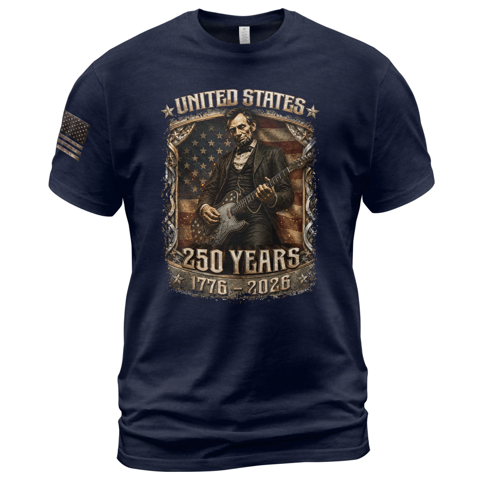 Abraham Lincoln T-Shirt Playing Guitar 1776 2026 Patriotic US Flag Retro Graphic Tee - Rust Field Wear