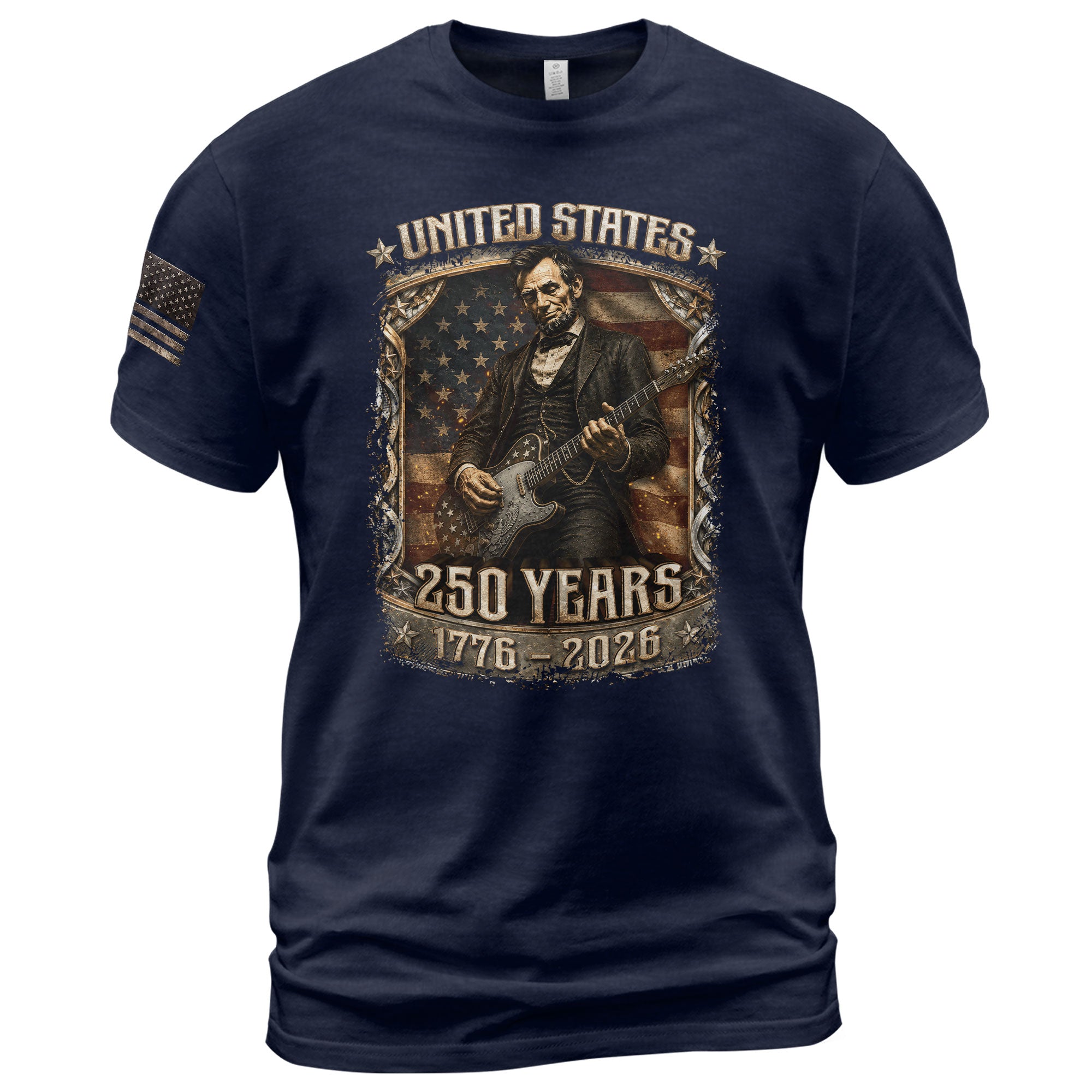 Abraham Lincoln T-Shirt Playing Guitar 1776 2026 Patriotic US Flag Retro Graphic Tee - Rust Field Wear