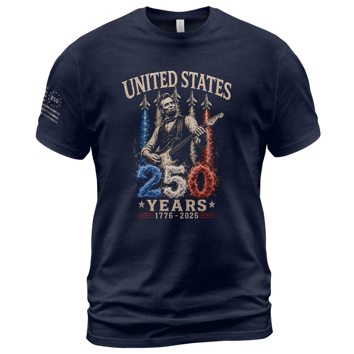 Mens T Shirt Patriotic Abraham Lincoln Guitar 1776-2026 250 Years Fighter Jet Rock Tee - Rust Field Wear