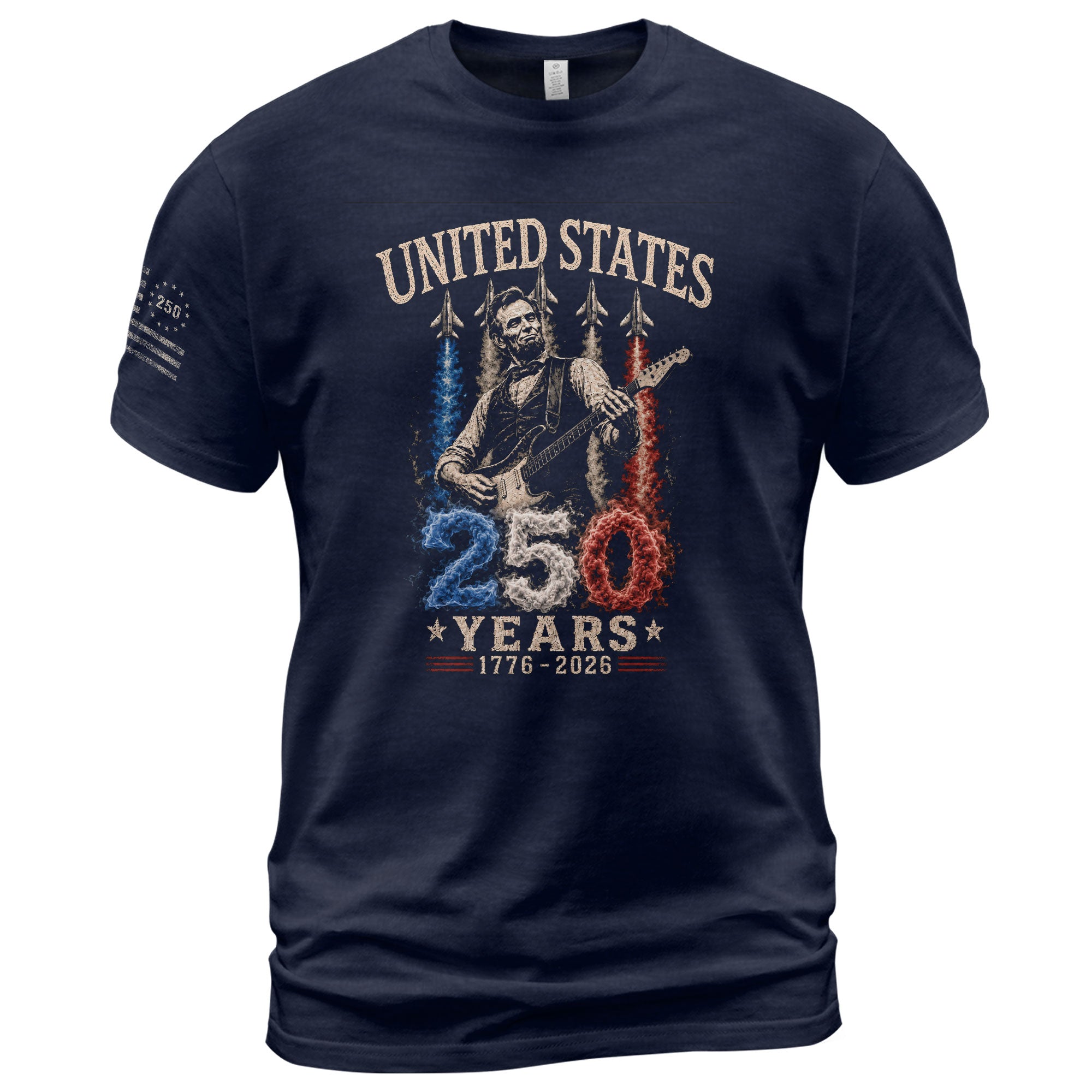 Mens T Shirt Patriotic Abraham Lincoln Guitar 1776-2026 250 Years Fighter Jet Rock Tee - Rust Field Wear