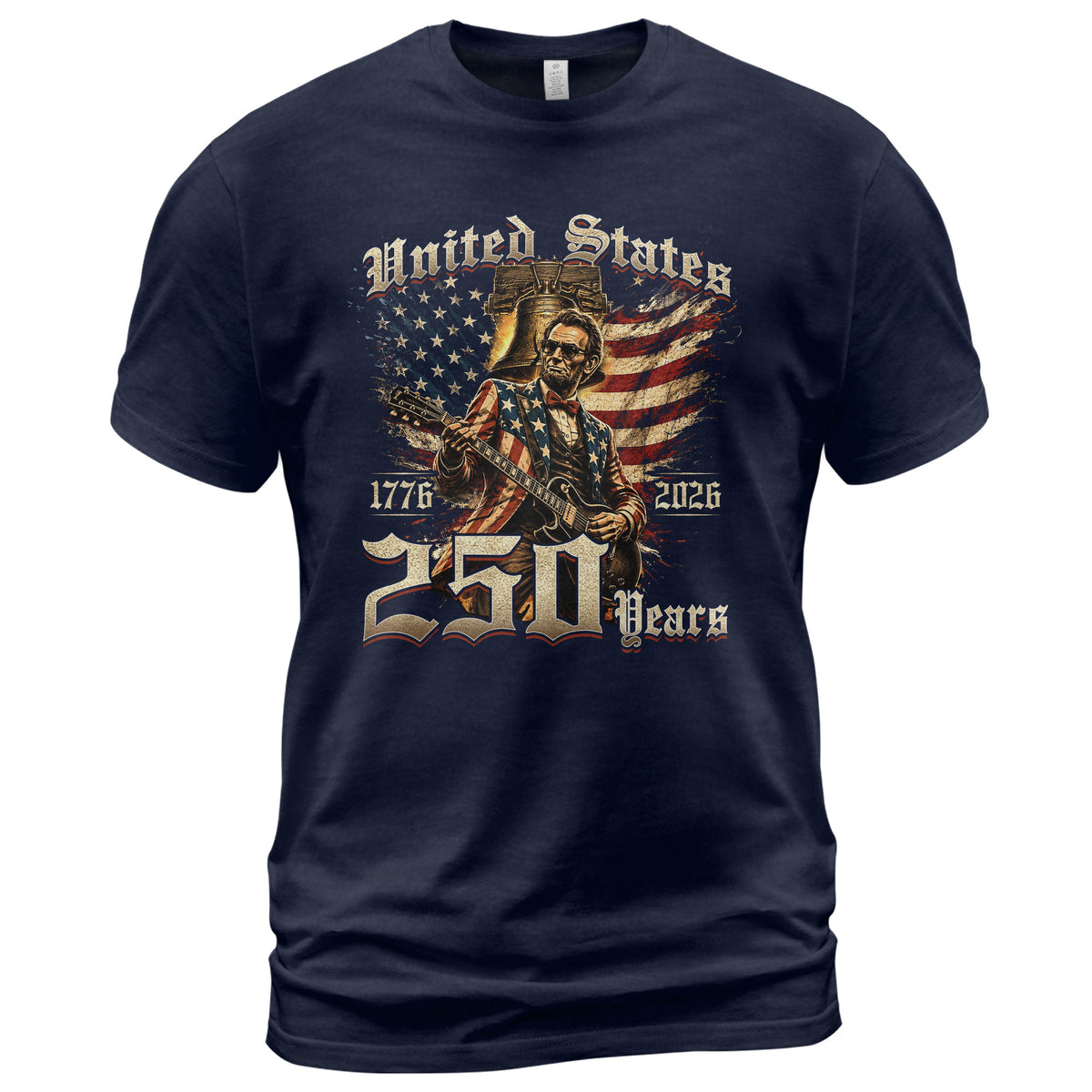 Lincoln Rock Guitar Patriotic T-Shirt - Vintage 1776 2026 Liberty Bell Graphic Tee - Rust Field Wear
