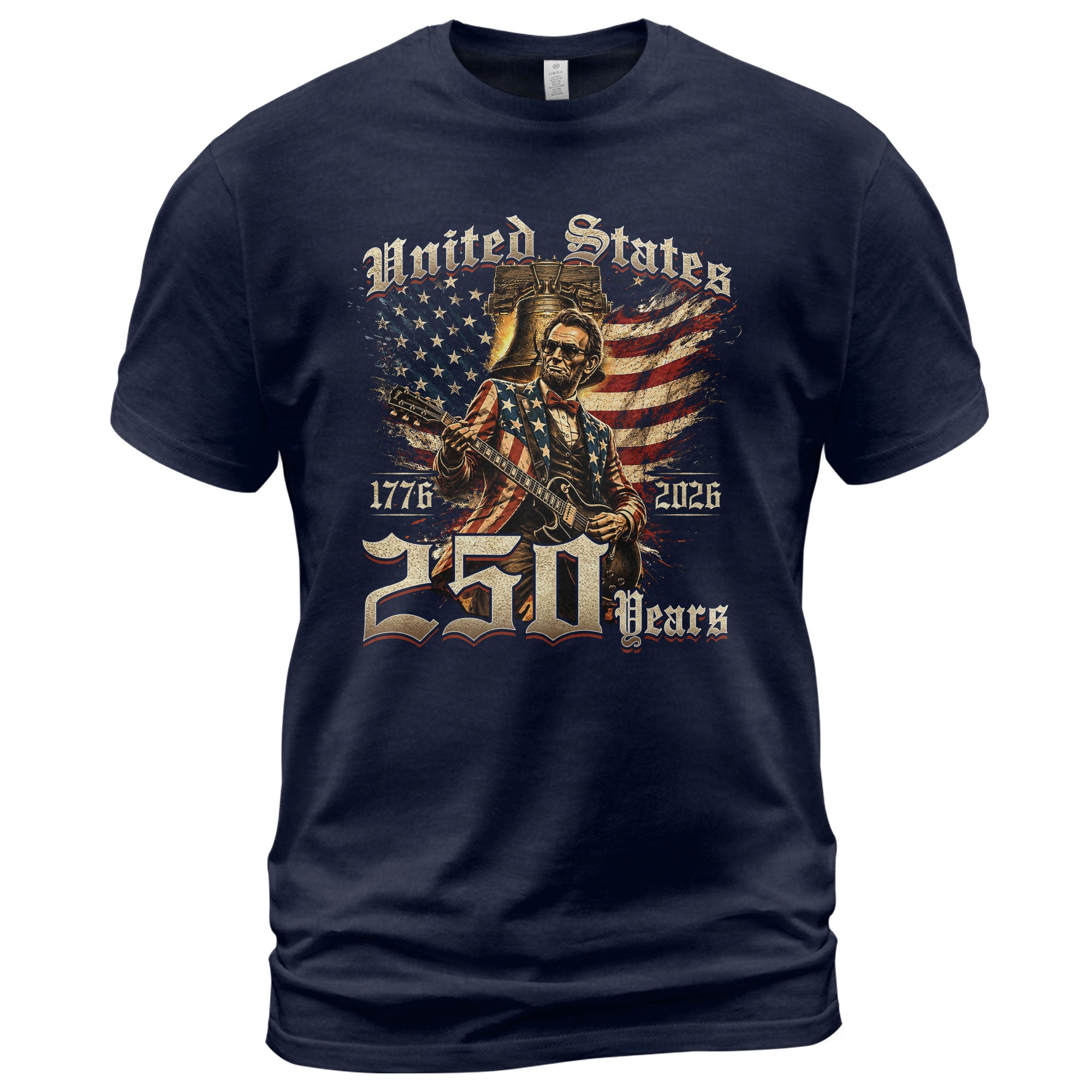 Lincoln Rock Guitar Patriotic T-Shirt - Vintage 1776 2026 Liberty Bell Graphic Tee - Rust Field Wear