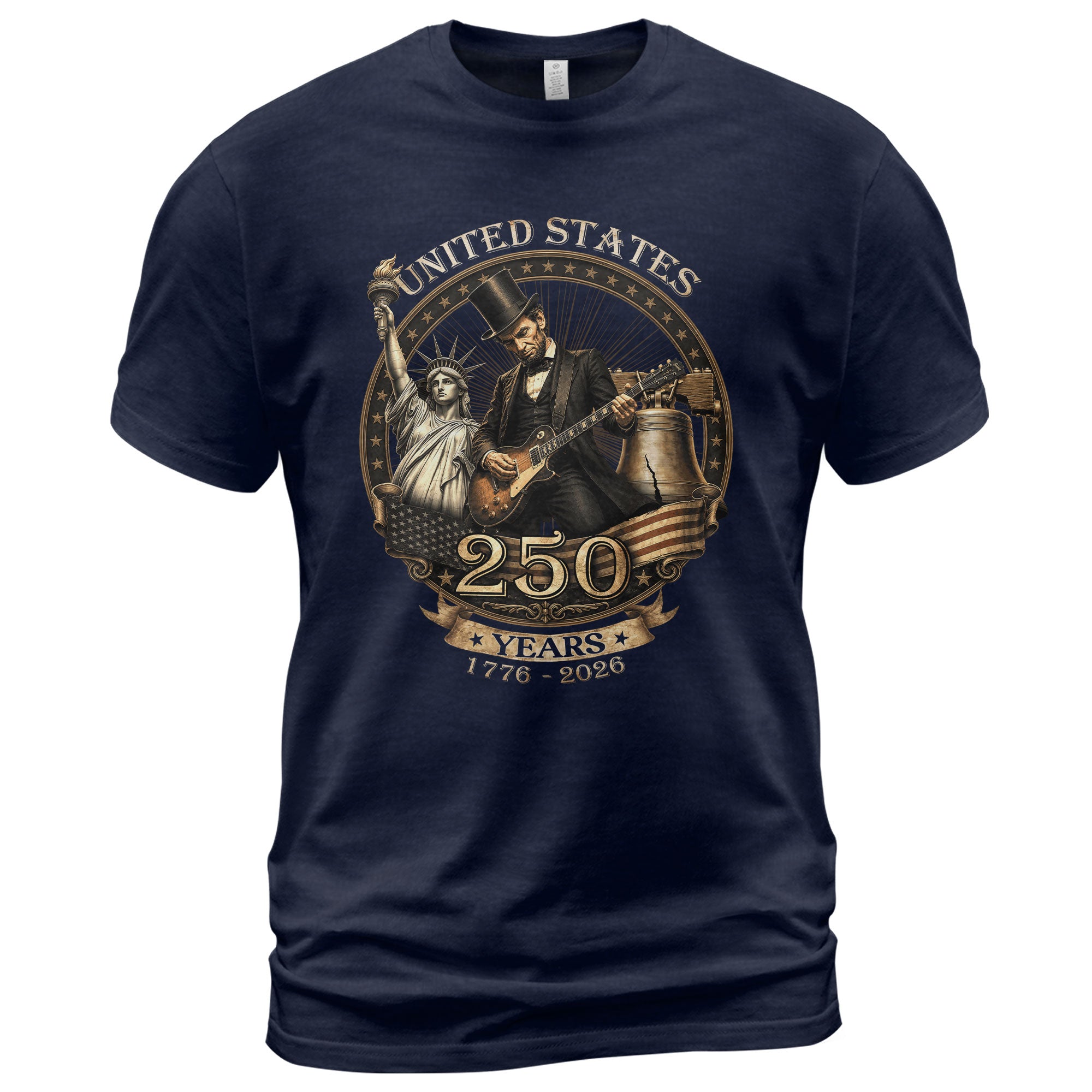 Lincoln Rock Guitar Patriotic T-Shirt - Vintage Statue of Liberty 1776 2026 Apparel - Rust Field Wear