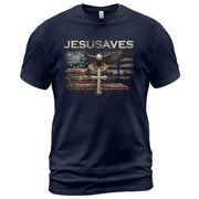 JESUSAVES Graphic T Shirt Patriotic American Eagle Cross Religious Faith Apparel - Rust Field Wear