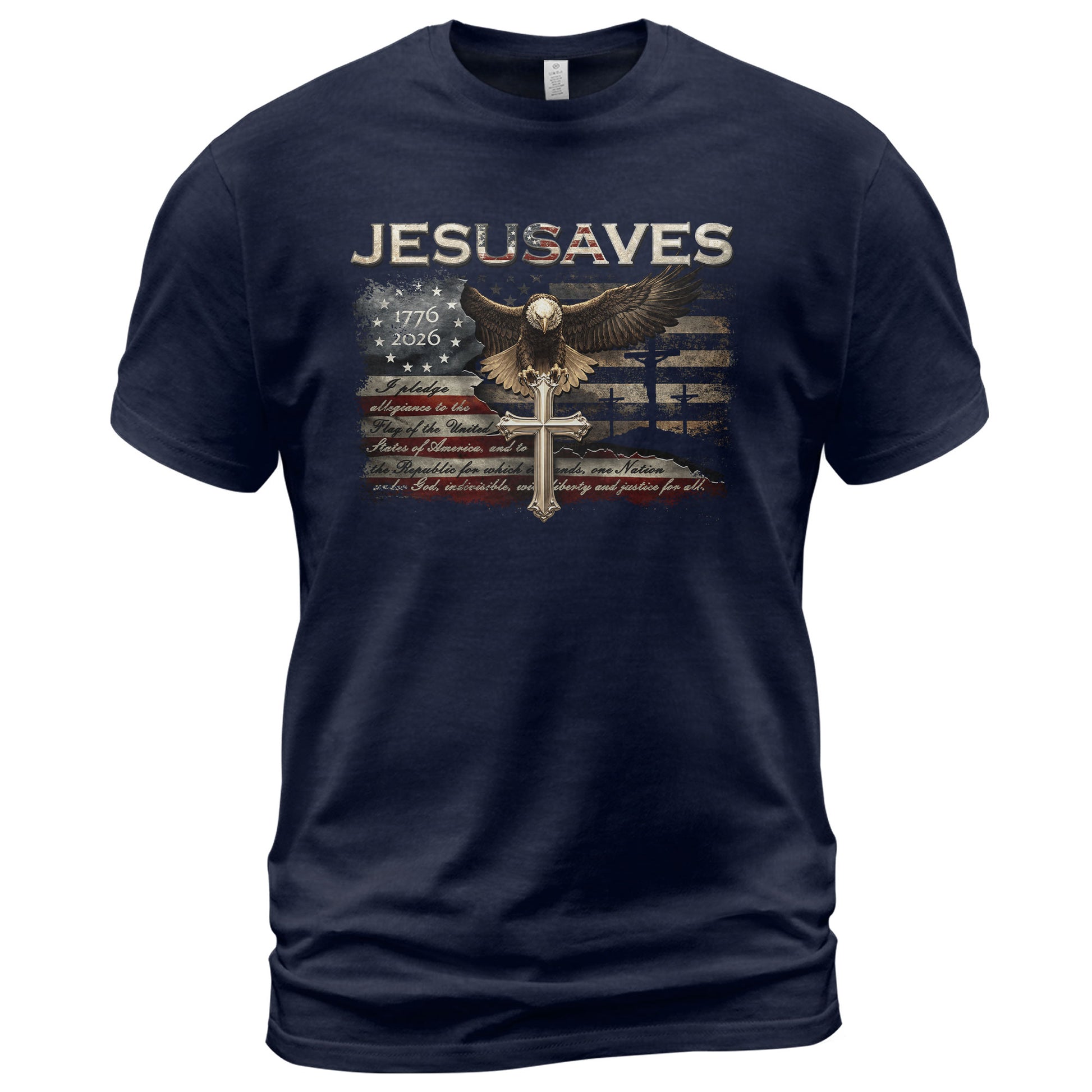 JESUSAVES Graphic T Shirt Patriotic American Eagle Cross Religious Faith Apparel - Rust Field Wear