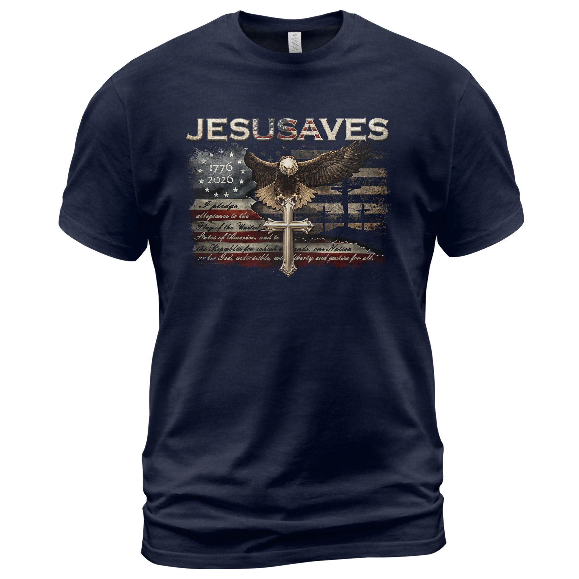 JESUSAVES Graphic T Shirt Patriotic American Eagle Cross Religious Faith Apparel - Rust Field Wear