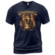 Faith Based JESUSAVES USA Flag Liberty Bell Graphic Tee 1776 to 2026 Commemorative Top - Rust Field Wear