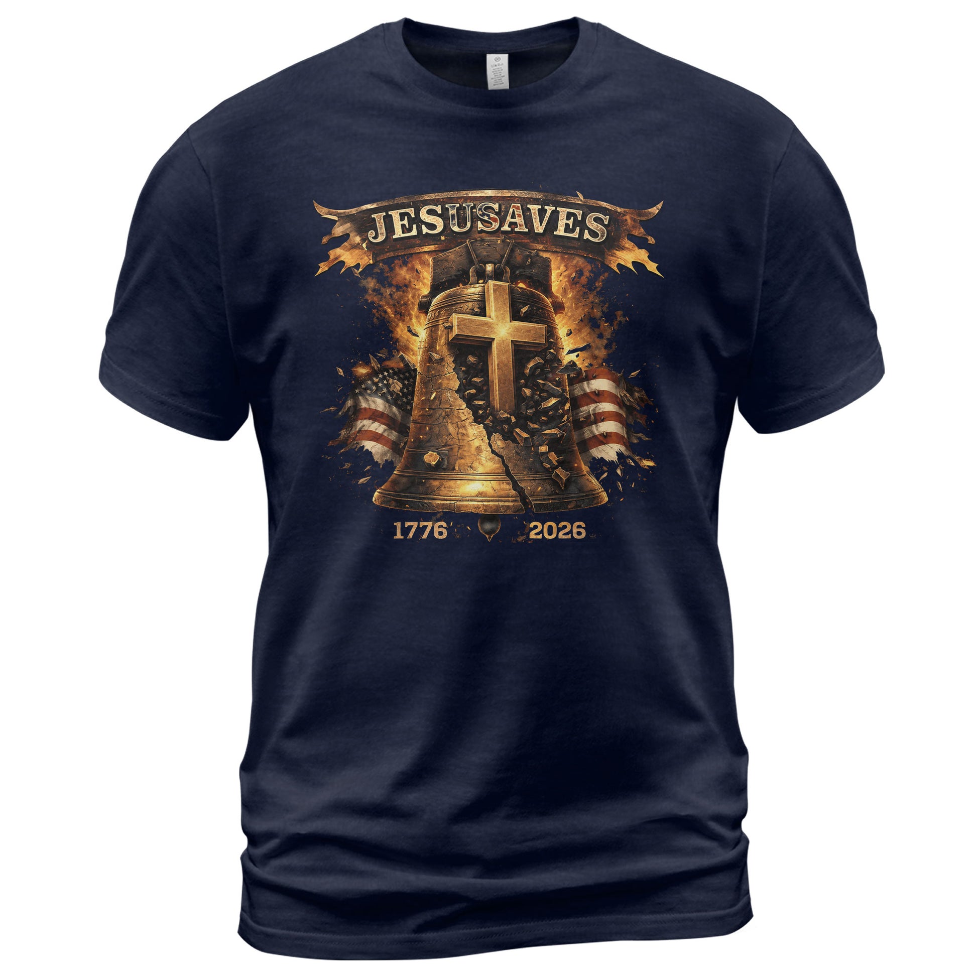 Faith Based JESUSAVES USA Flag Liberty Bell Graphic Tee 1776 to 2026 Commemorative Top - Rust Field Wear