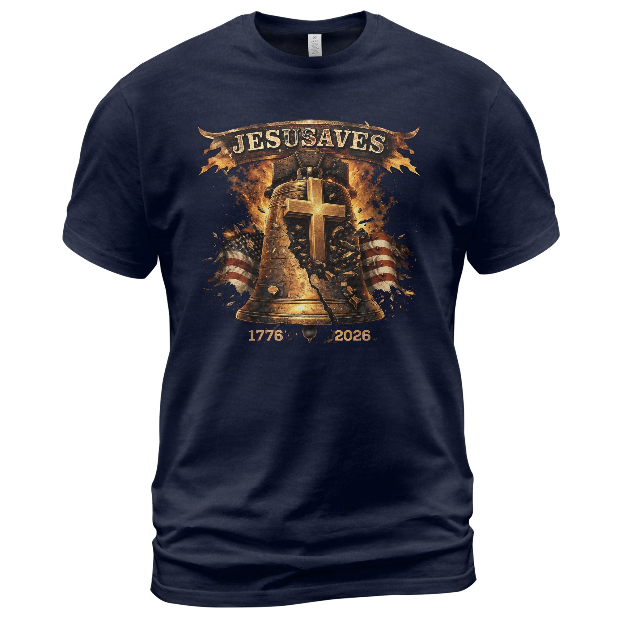 Faith Based JESUSAVES USA Flag Liberty Bell Graphic Tee 1776 to 2026 Commemorative Top - Rust Field Wear