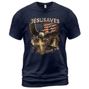 JESUSAVES John 3 16 Patriotic Graphic T Shirt American Eagle Cross Liberty Bell Tee - Rust Field Wear
