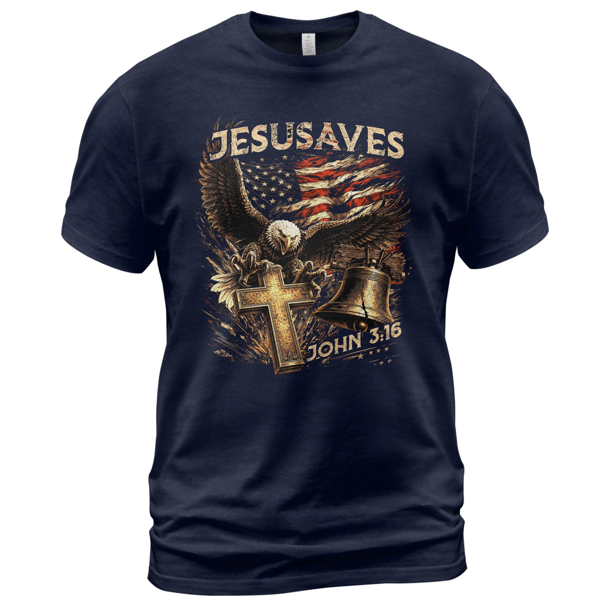 JESUSAVES John 3 16 Patriotic Graphic T Shirt American Eagle Cross Liberty Bell Tee - Rust Field Wear