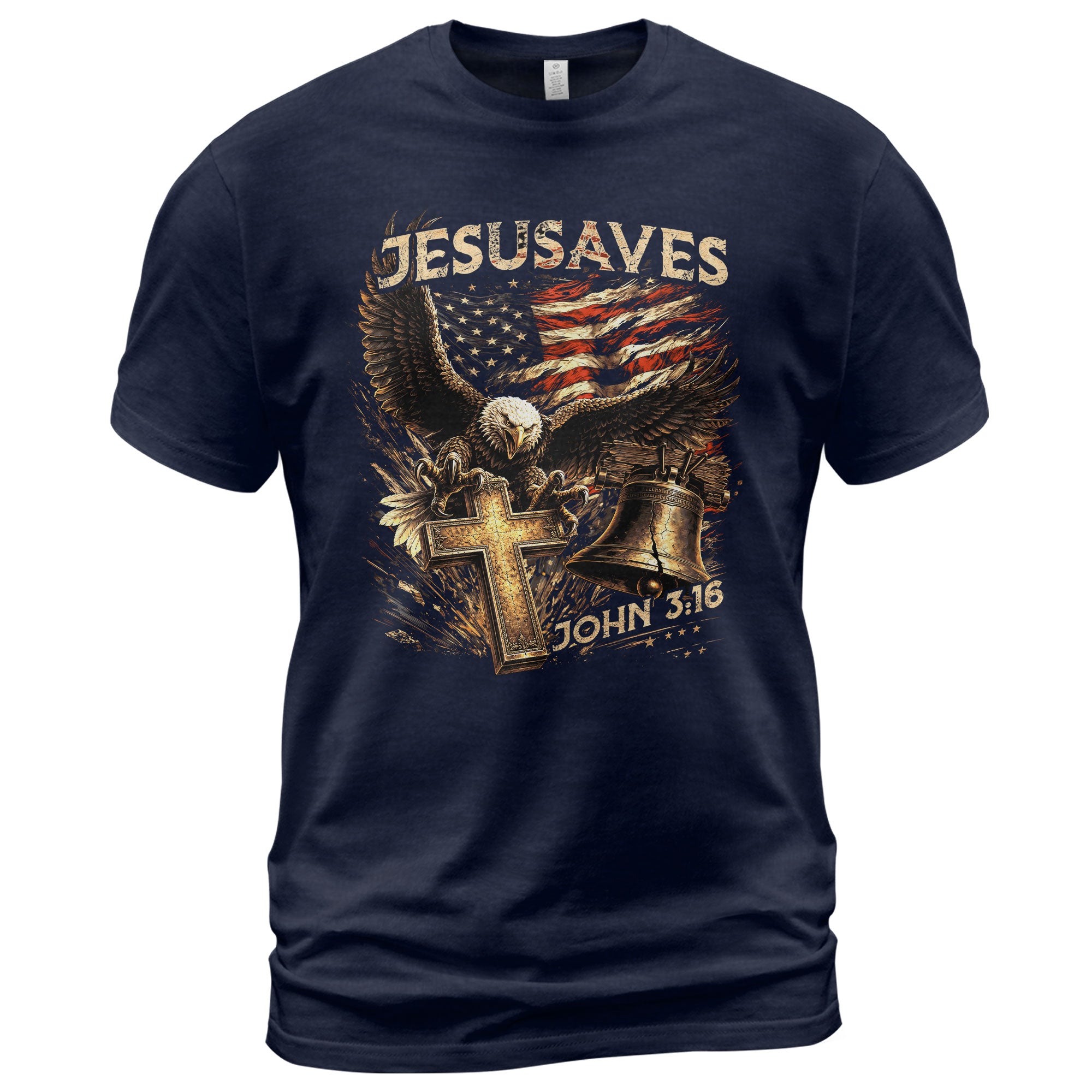 JESUSAVES John 3 16 Patriotic Graphic T Shirt American Eagle Cross Liberty Bell Tee - Rust Field Wear