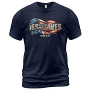 Distressed Flag JESUSAVES Graphic T Shirt John 3 16 Spiritual Patriotic Cotton Top - Rust Field Wear