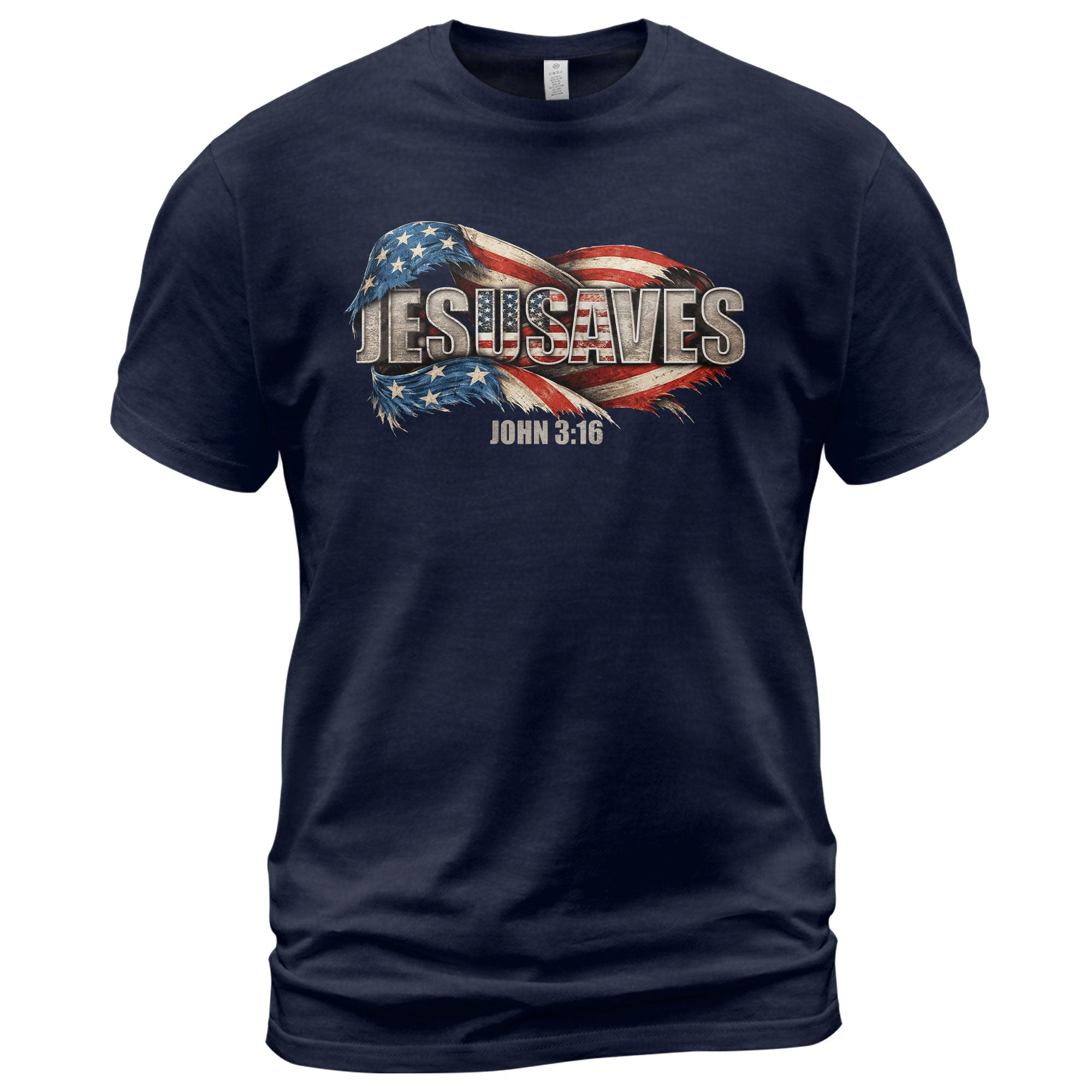 Distressed Flag JESUSAVES Graphic T Shirt John 3 16 Spiritual Patriotic Cotton Top - Rust Field Wear