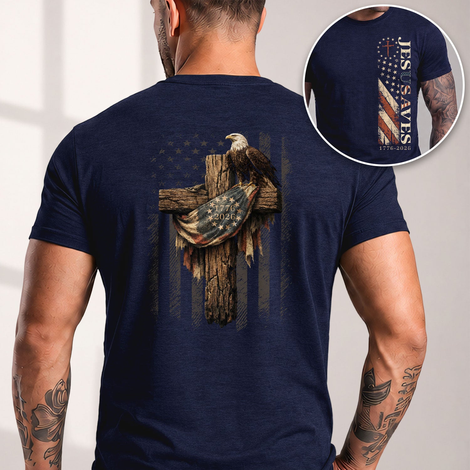 Patriotic JESUSAVES 1776-2026 Eagle T-Shirt American Flag Design - Versatile Apparel - Rust Field Wear