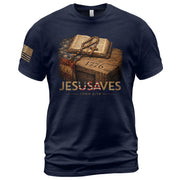 JESUSAVES 1776 Patriotic T-Shirt - Vintage American Flag Graphic Tee - Casual Apparel - Rust Field Wear