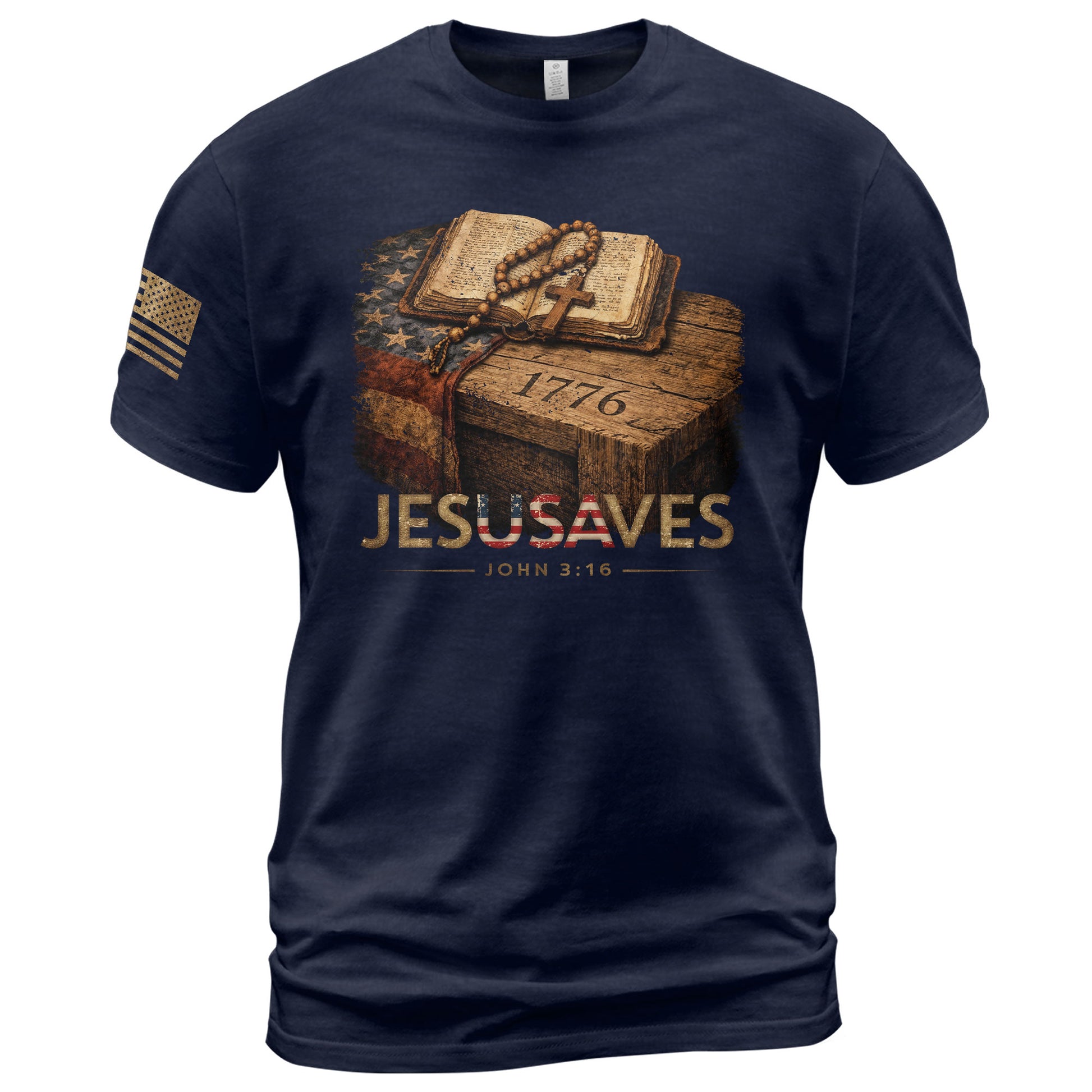 JESUSAVES 1776 Patriotic T-Shirt - Vintage American Flag Graphic Tee - Casual Apparel - Rust Field Wear