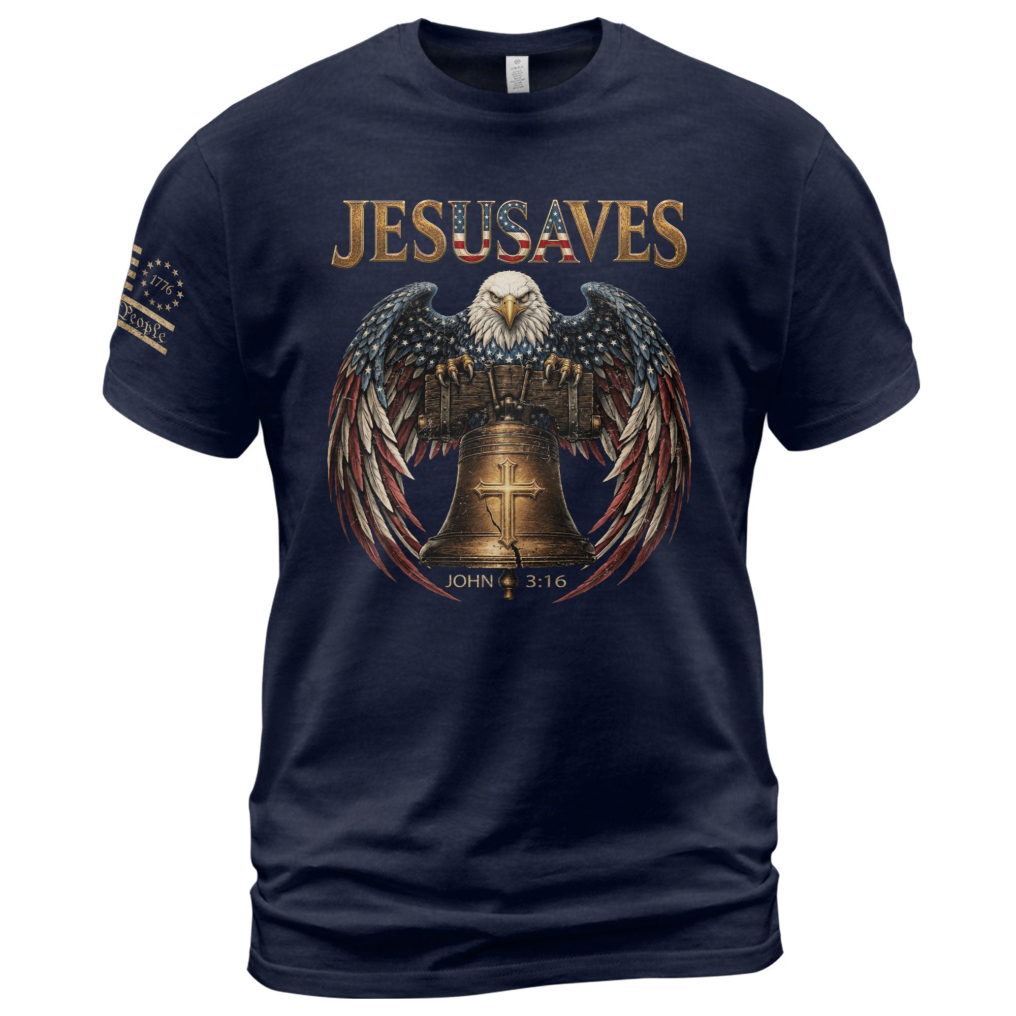 Patriotic JESUSAVES T-Shirt American Eagle Bell Print Stylish Casual Graphic Tee - Rust Field Wear
