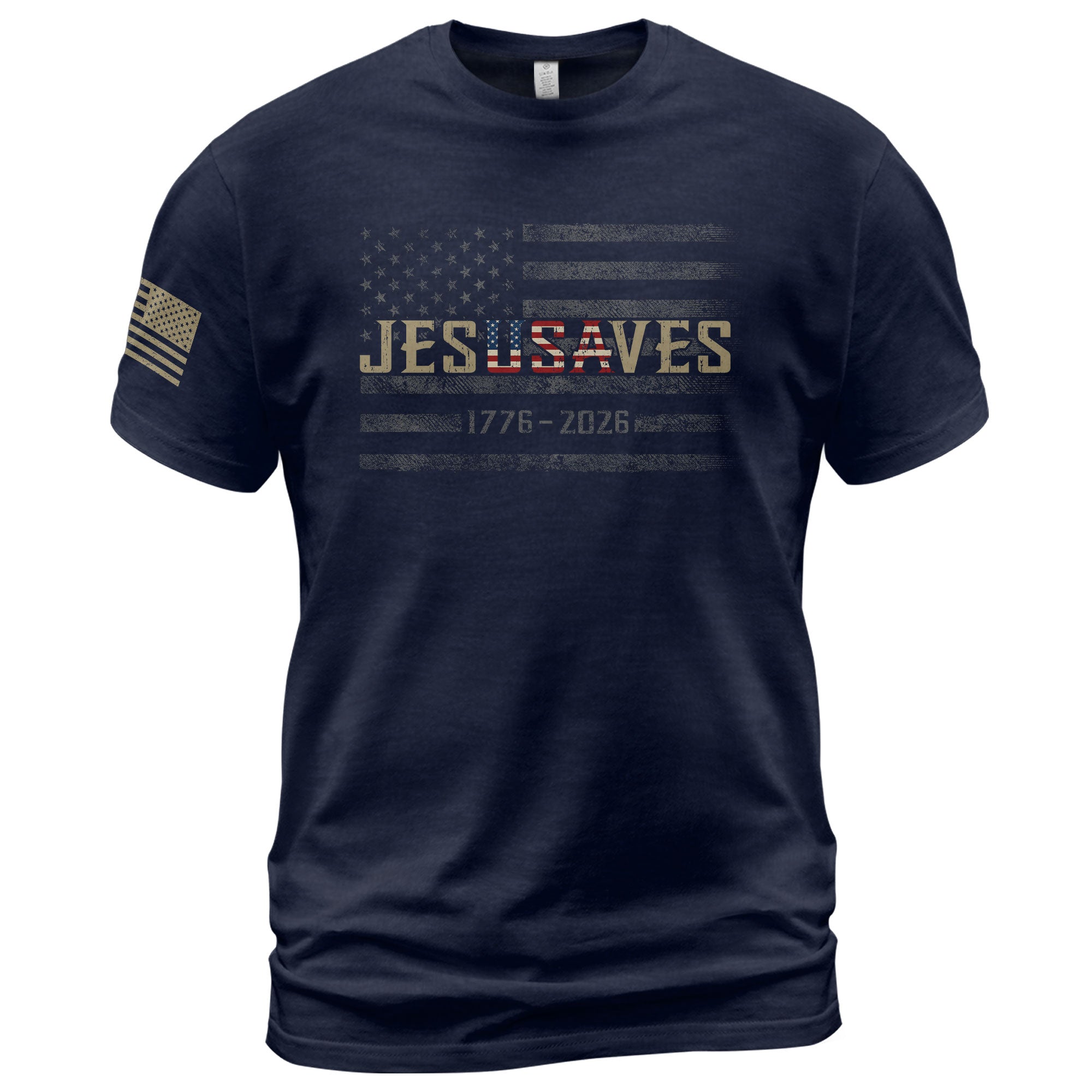 JESUSAVES T-Shirt USA Flag Patriotic 1776 2026 American Pride Men Cotton Tee Shirt - Rust Field Wear