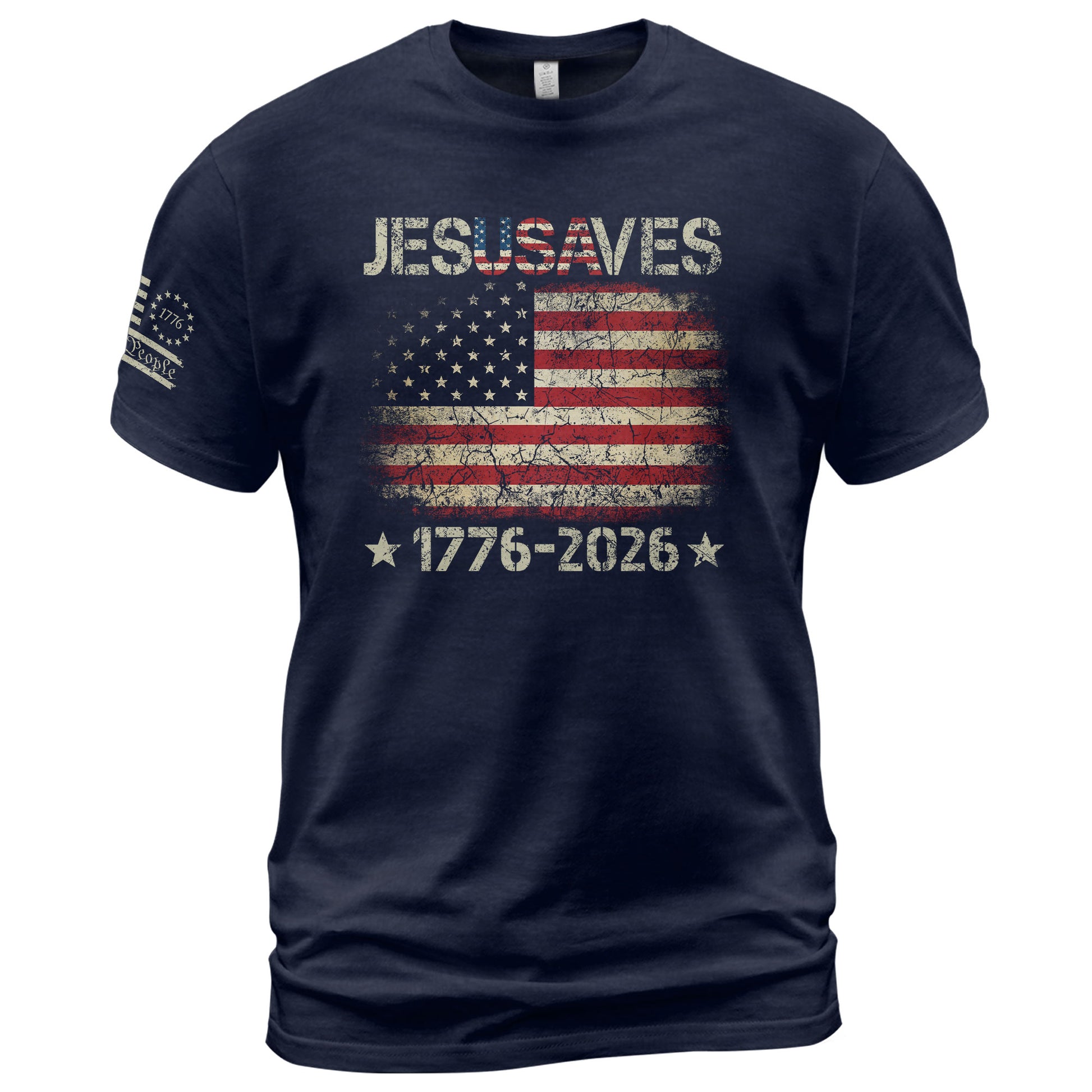 Vintage JESUSAVES USA Flag Shirt 1776 2026 We The People Men Patriotic Cotton Tee - Rust Field Wear
