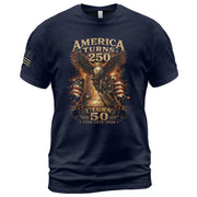 America Turns 250 I Turn 50 Eagle Liberty Bell Patriotic 50th Birthday 1976 T-Shirt - Rust Field Wear