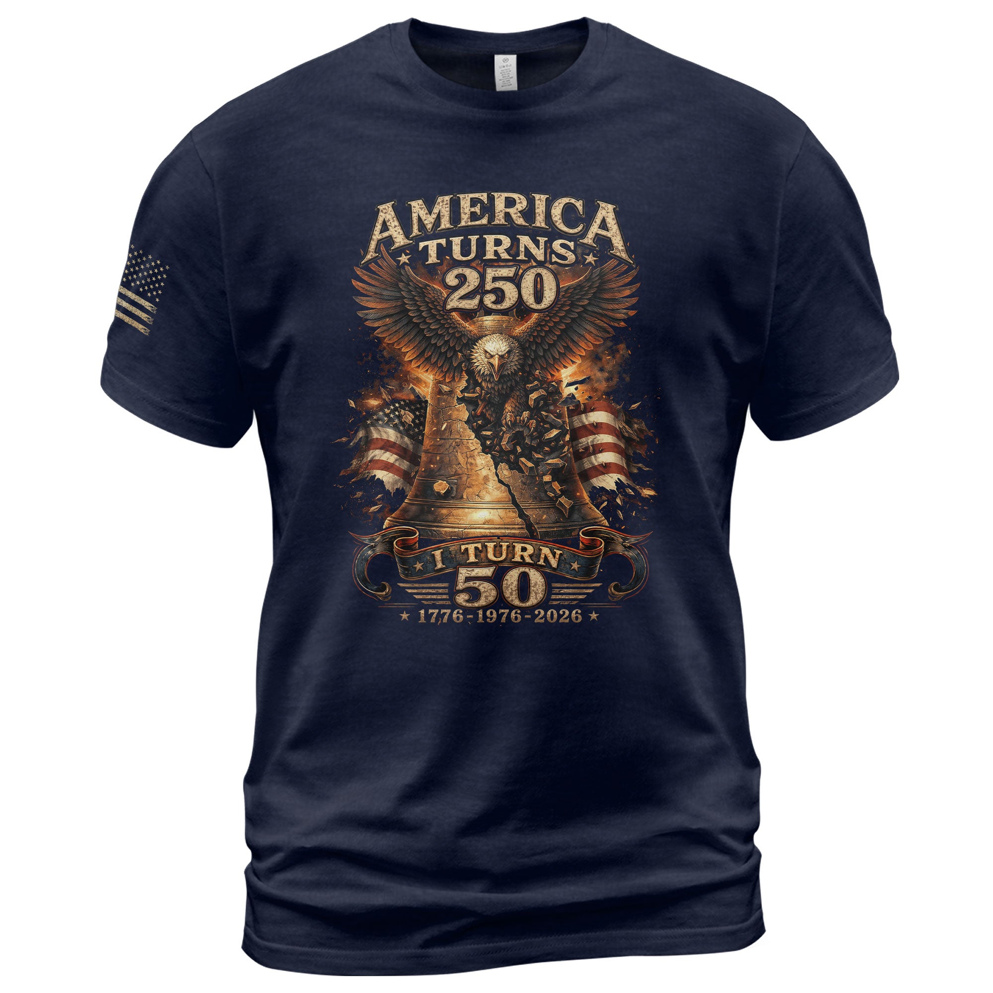America Turns 250 I Turn 50 Eagle Liberty Bell Patriotic 50th Birthday 1976 T-Shirt - Rust Field Wear