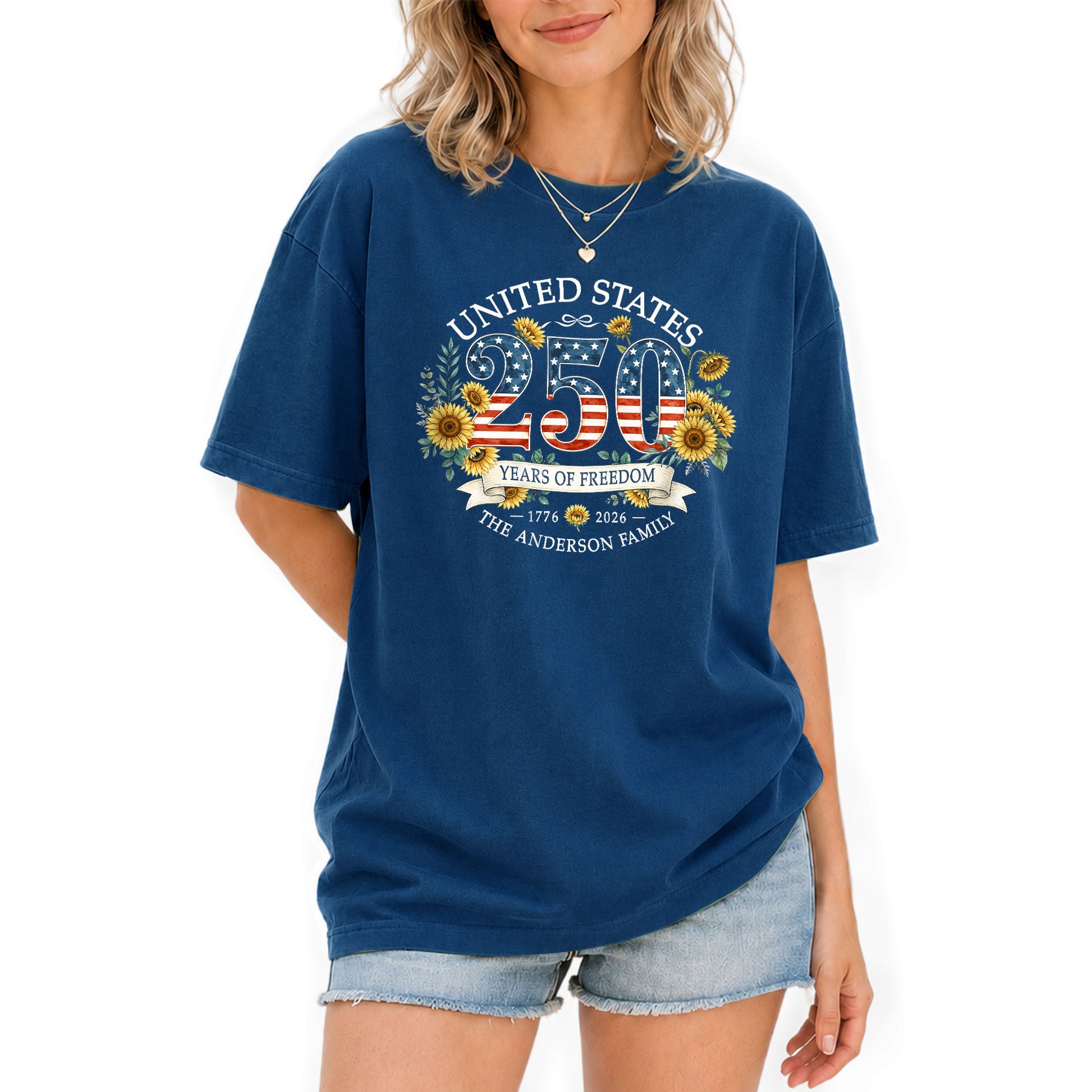 Custom Family Shirt Sunflower Navy Patriotic Flag 250th 1776 2026 4th of July Vintage Retro - Rust Field Wear
