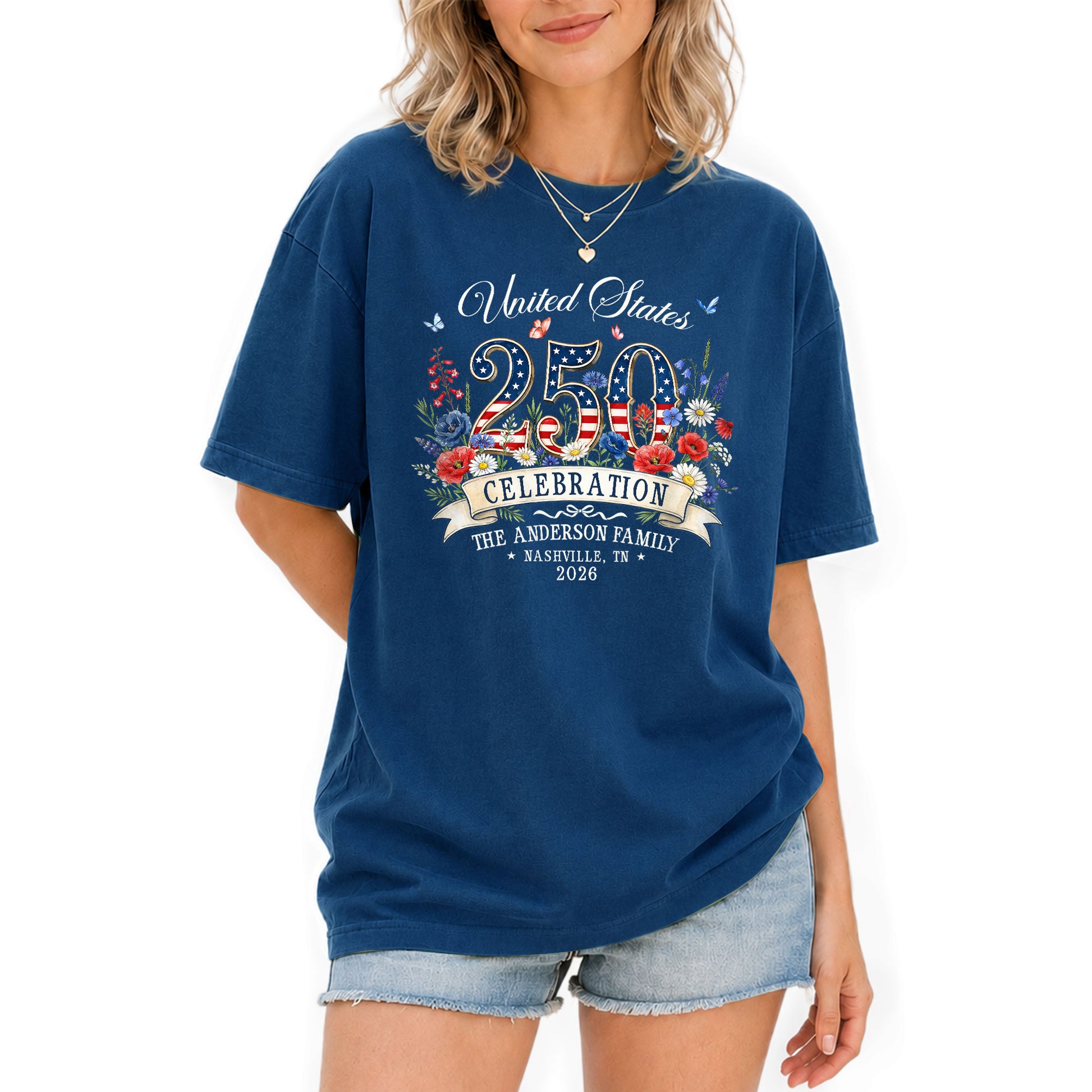 Custom Family Shirt United States Celebration 2026 250th Navy Patriotic Wildflower Graphic - Rust Field Wear