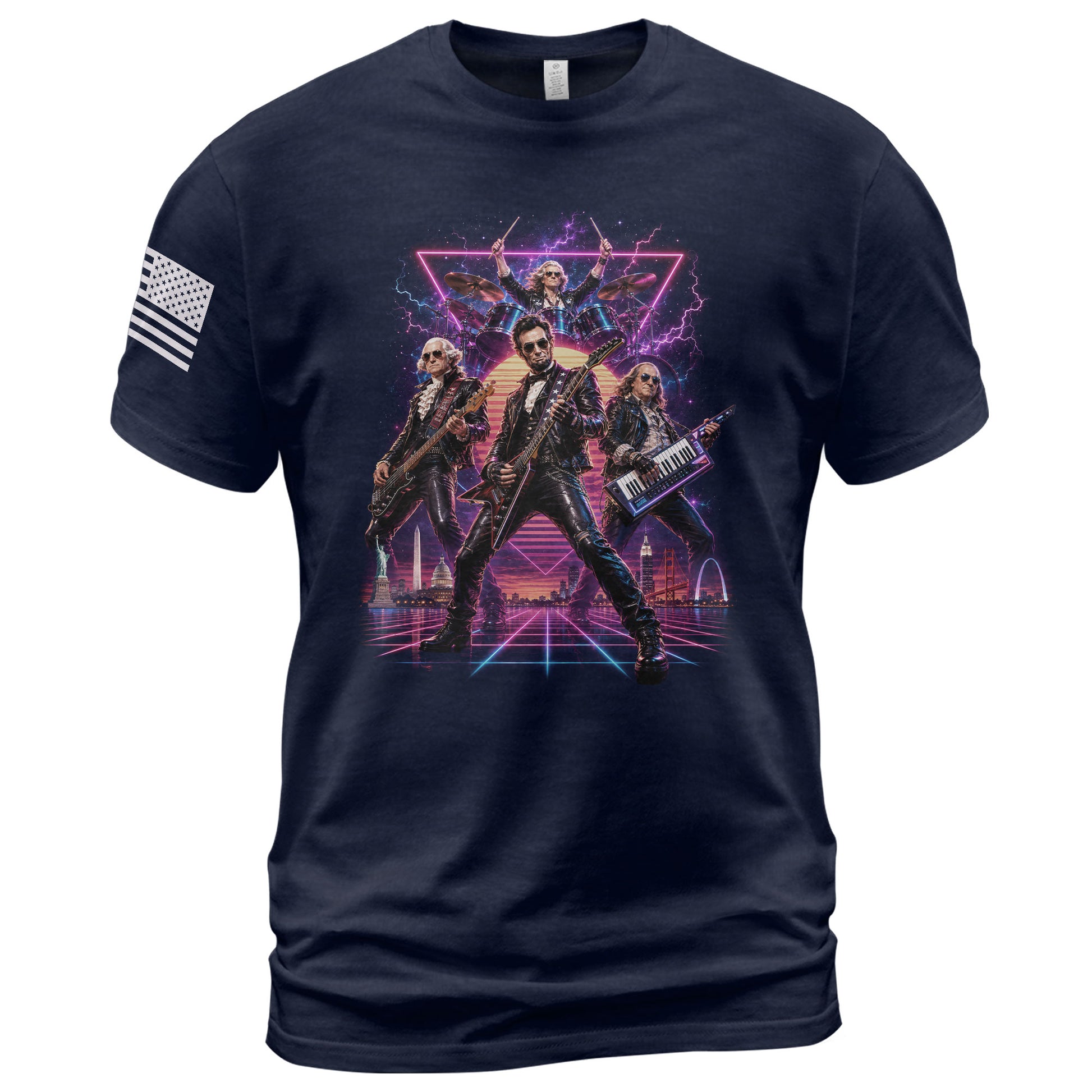 Retro Lincoln Guitar Player T-Shirt Neon Synthwave Rock Band Graphic Tee Gift - Rust Field Wear